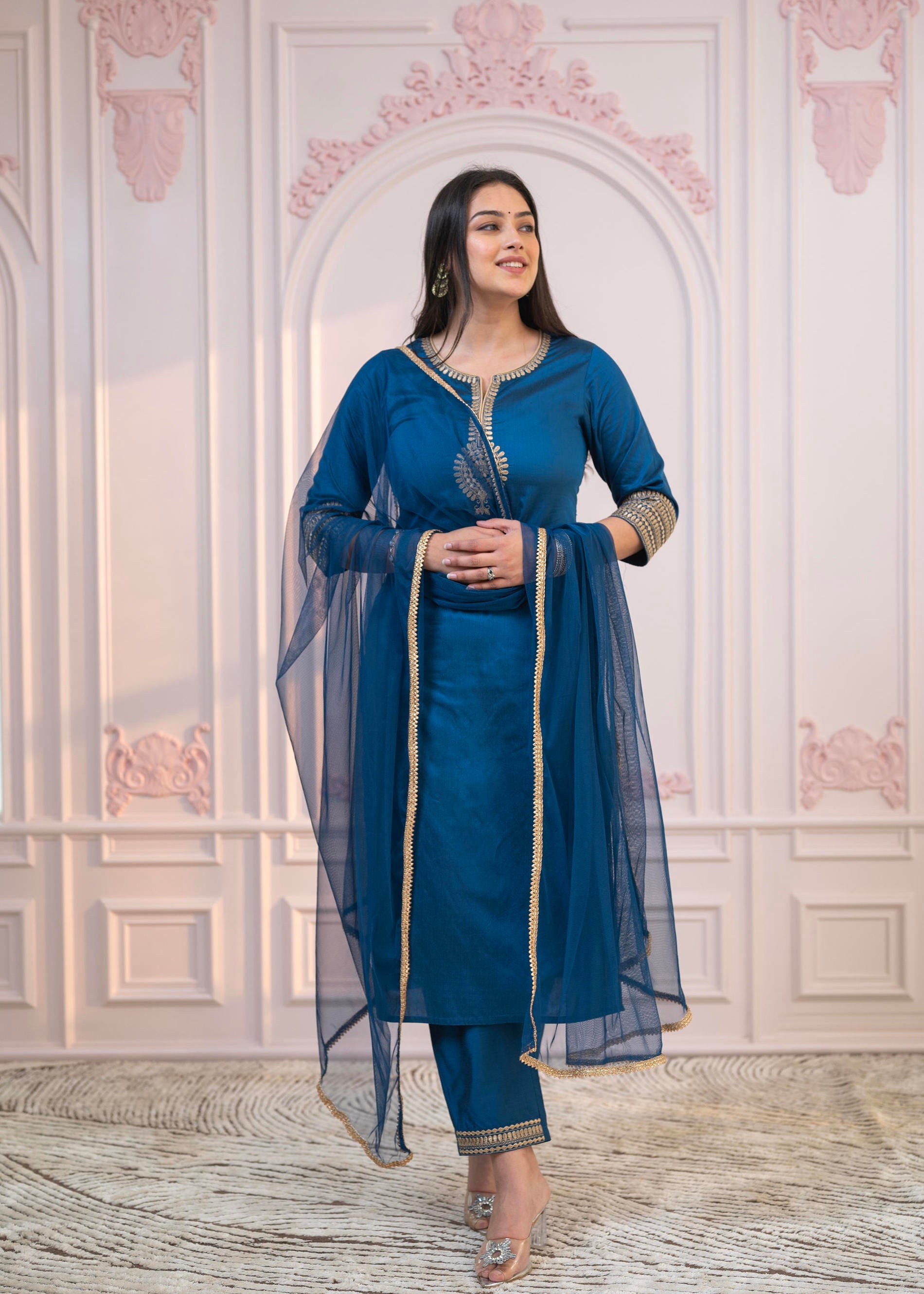 Royal Blue Embellished Kurta Set with Net Dupatta and Mirror Embroidery
