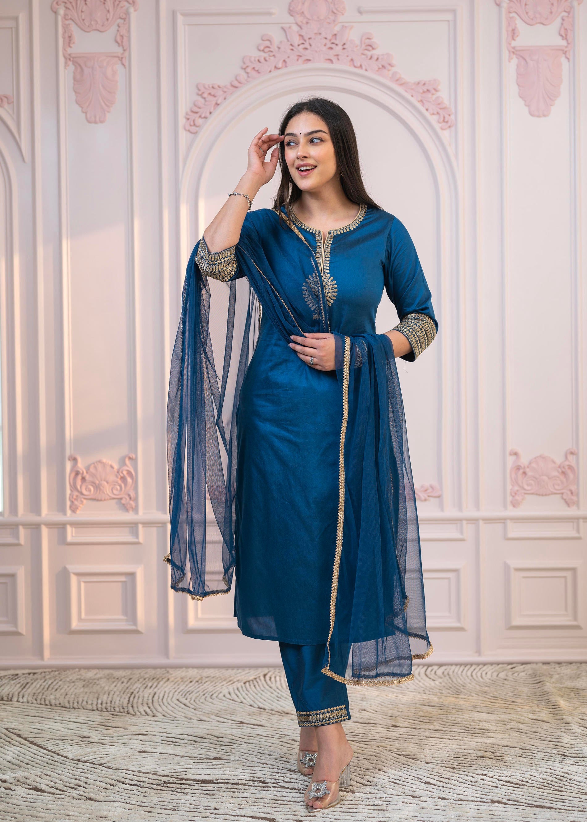 Royal Blue Embellished Kurta Set with Net Dupatta and Mirror Embroidery