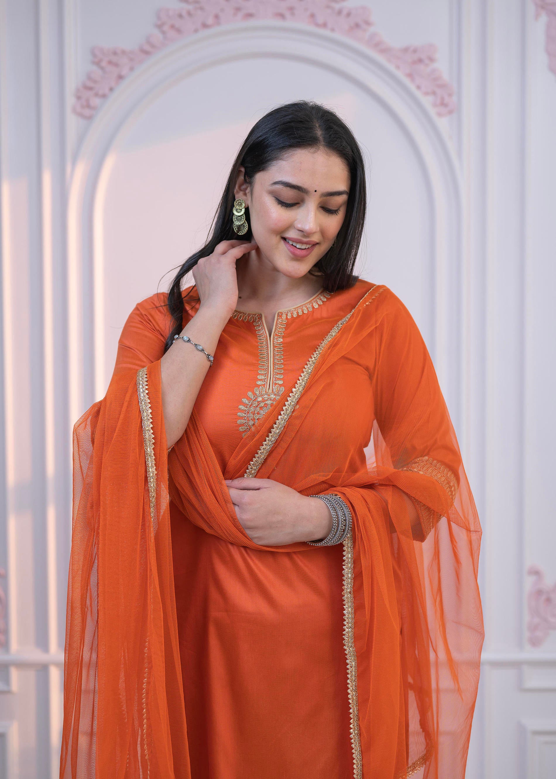 Orange Embellished Kurta Set with Net Dupatta and Mirror Embroidery