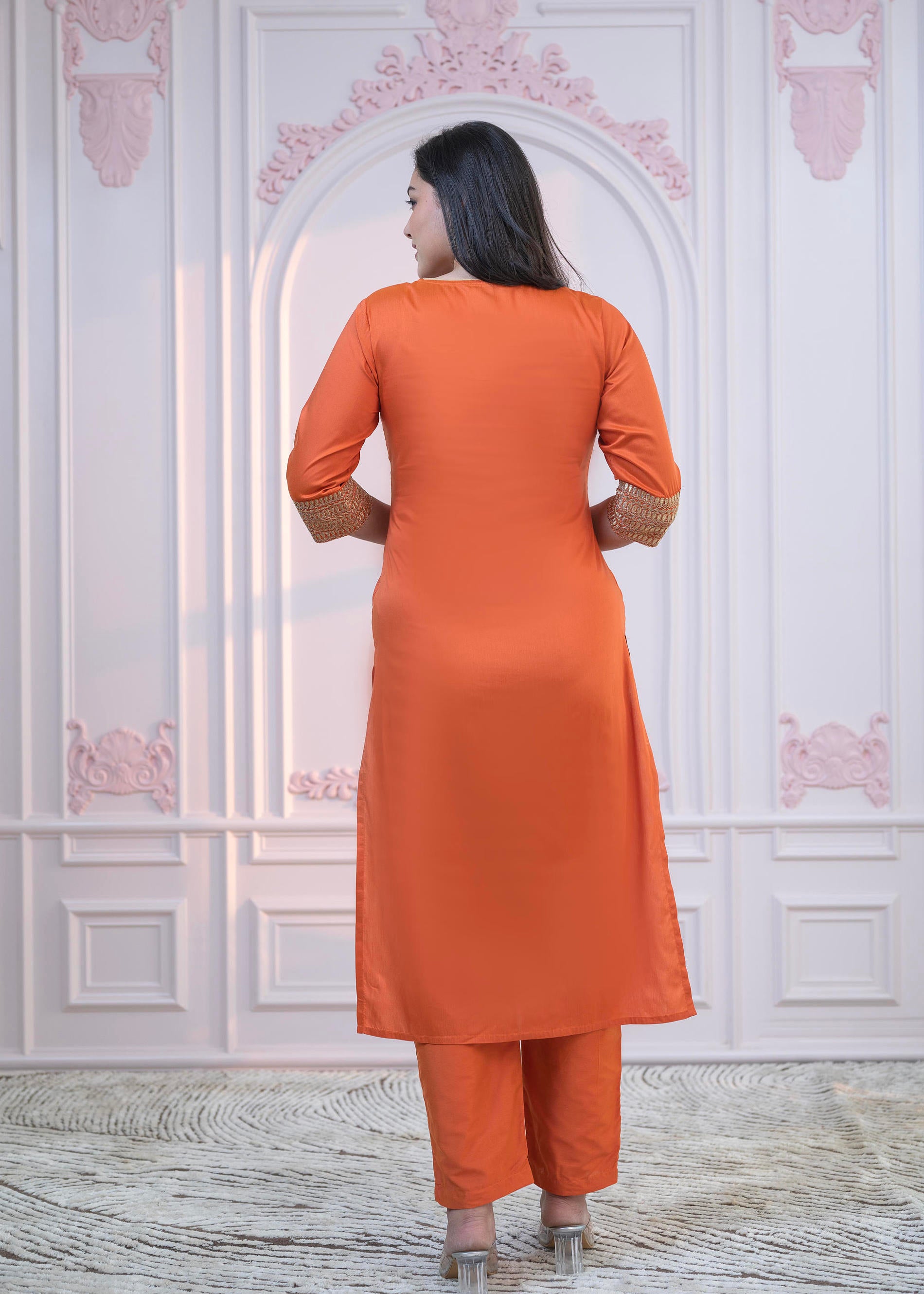 Orange Embellished Kurta Set with Net Dupatta and Mirror Embroidery