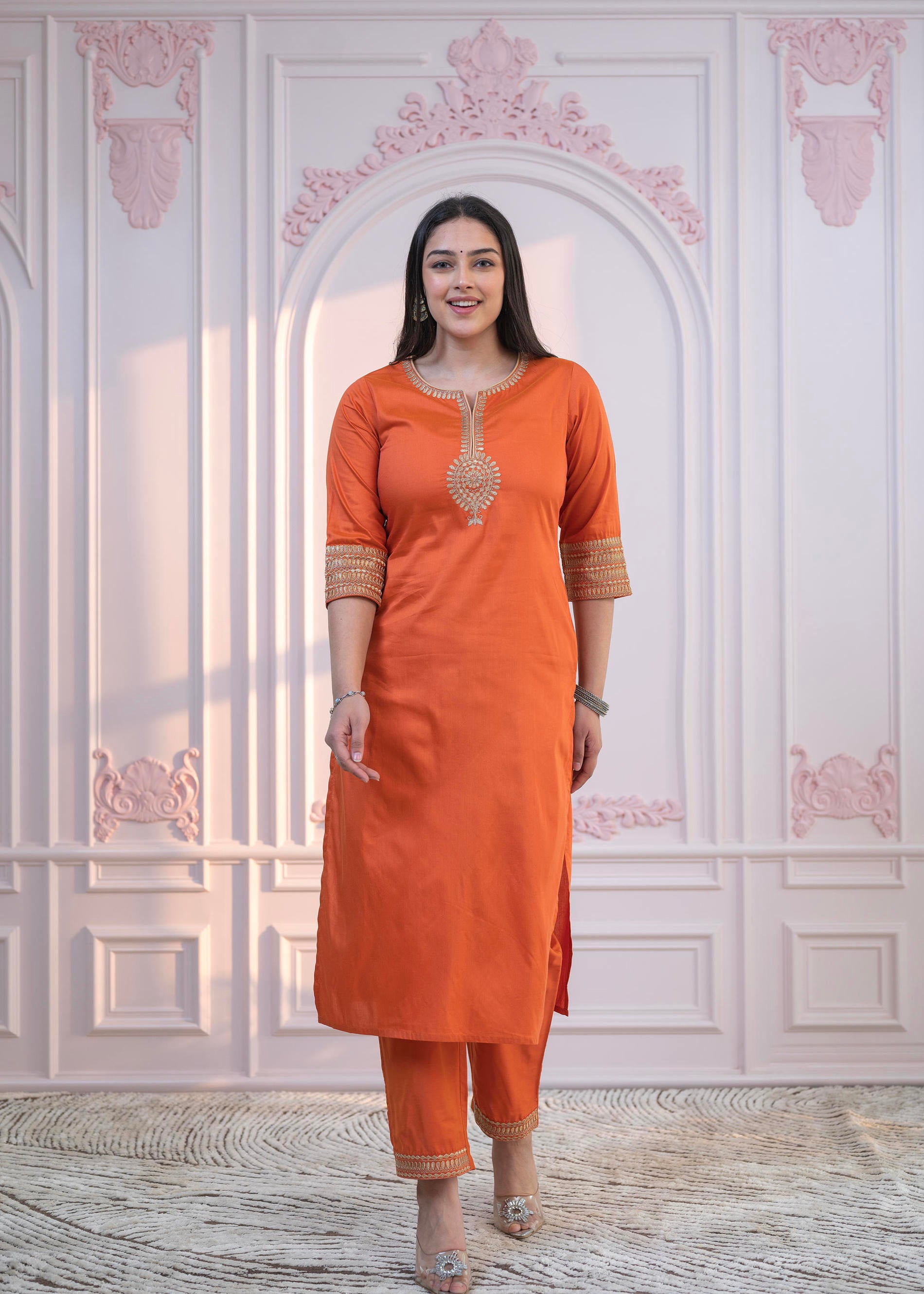 Orange Embellished Kurta Set with Net Dupatta and Mirror Embroidery