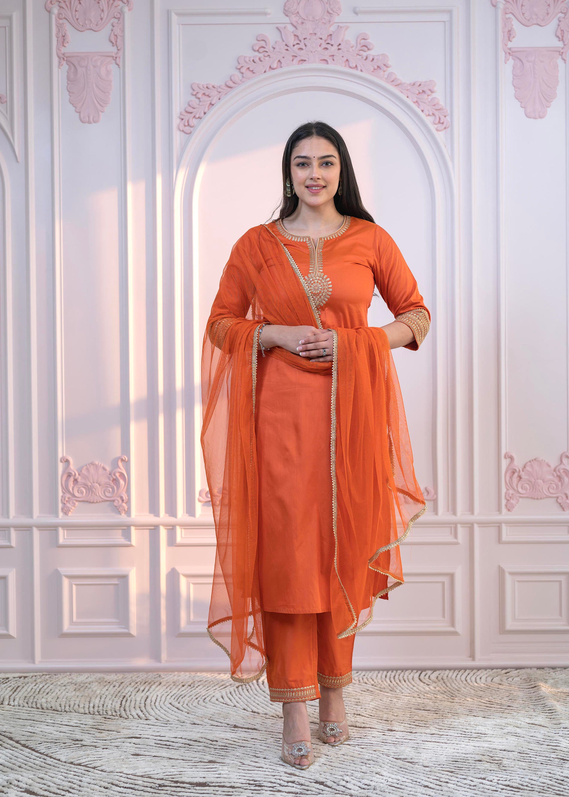 Orange Embellished Kurta Set with Net Dupatta and Mirror Embroidery