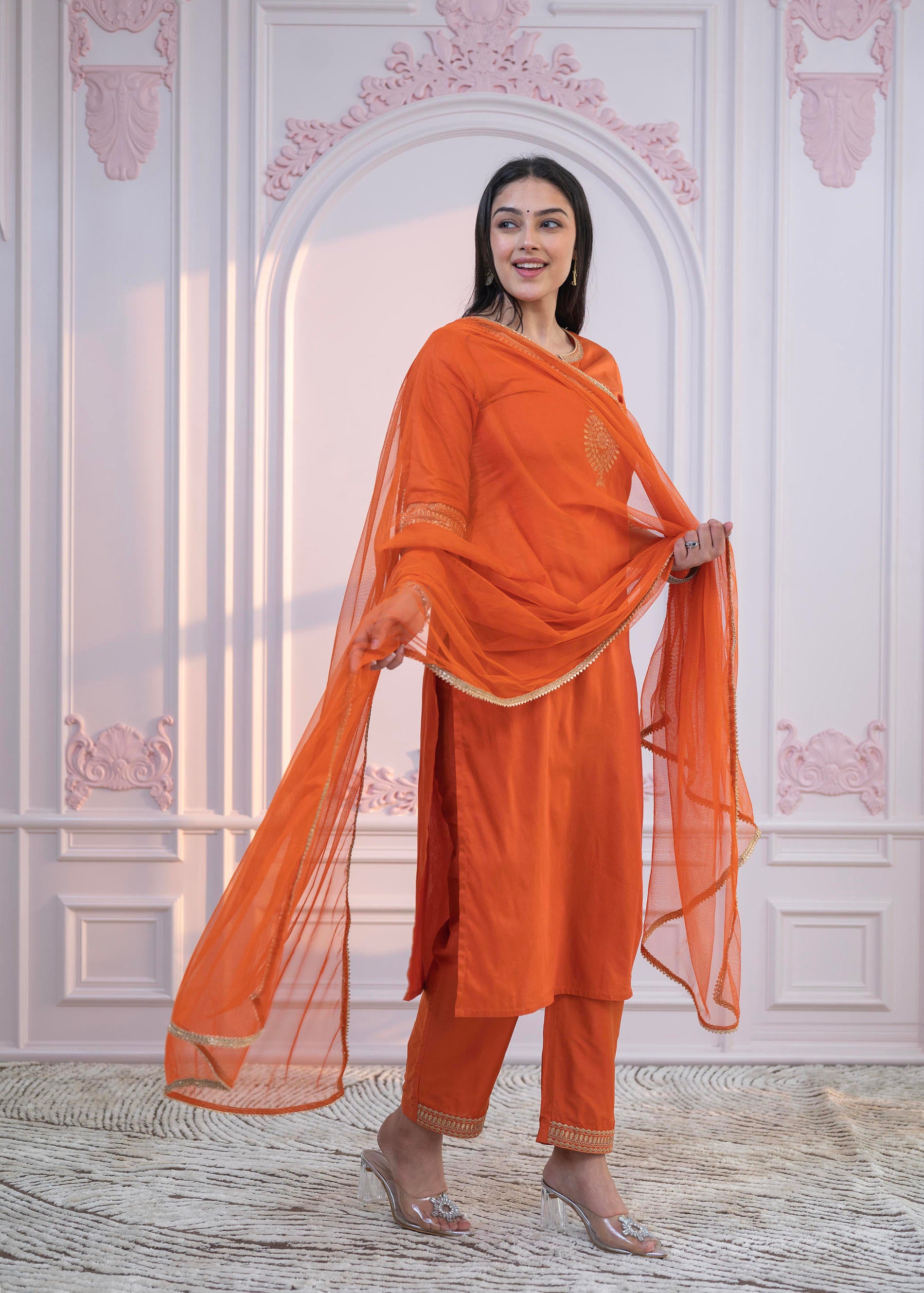 Orange Embellished Kurta Set with Net Dupatta and Mirror Embroidery