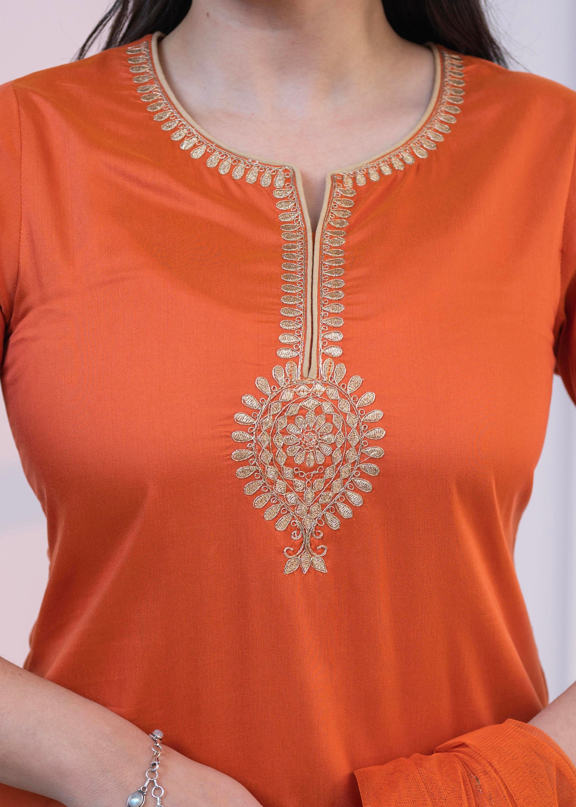 Orange Embellished Kurta Set with Net Dupatta and Mirror Embroidery