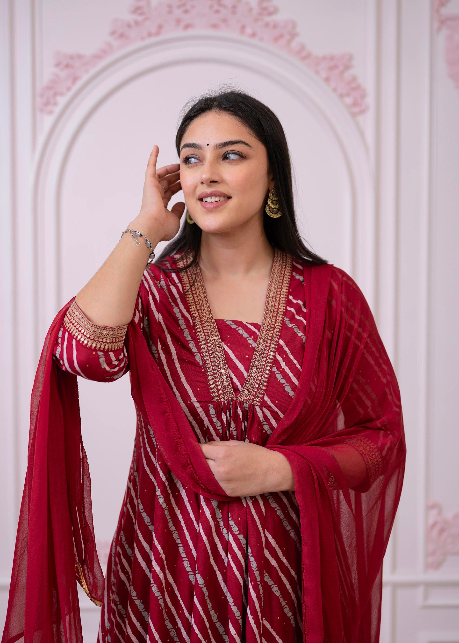 Maroon Angrakha-Style Kurta Set with Gota Work and Dupatta