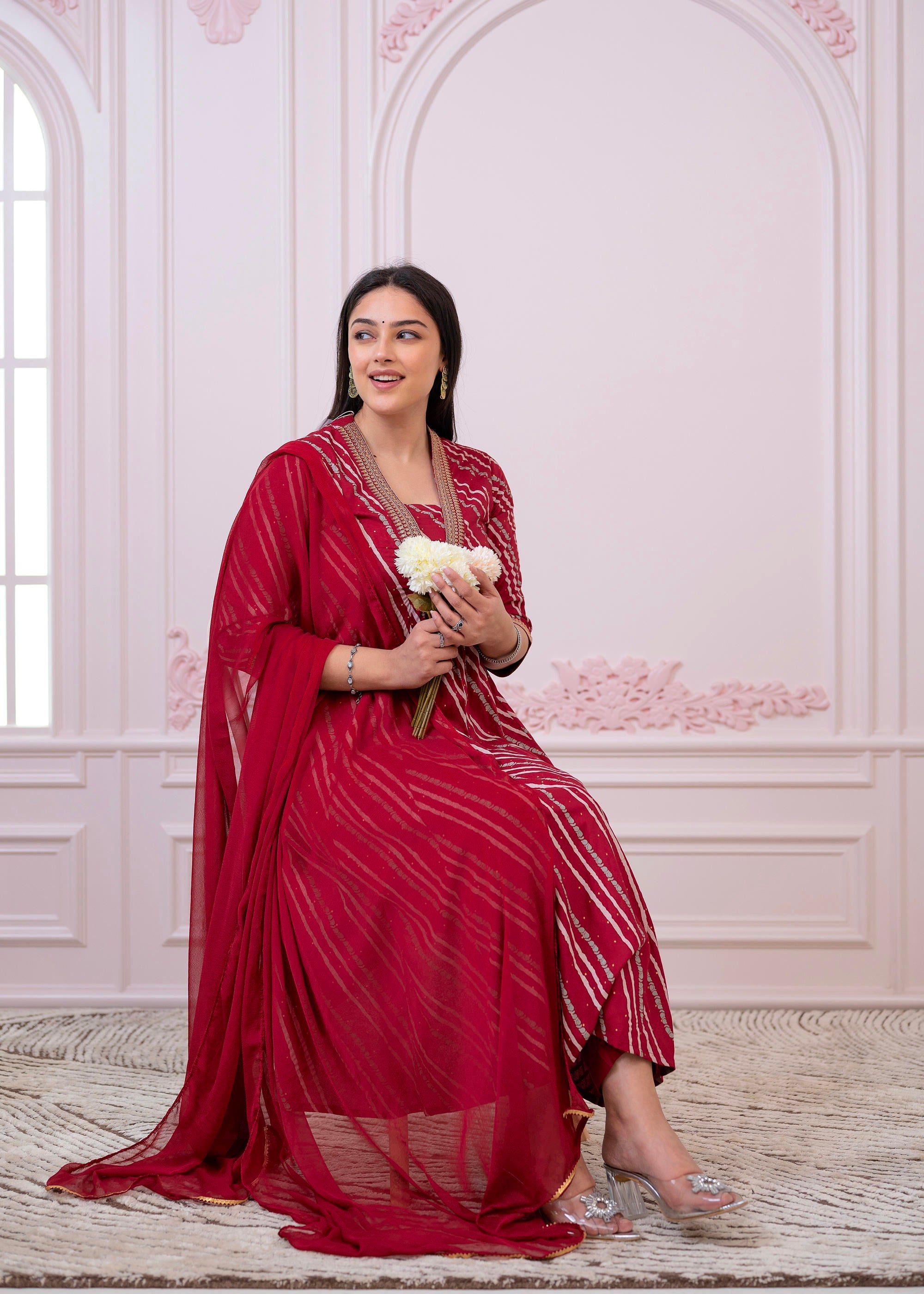 Maroon Angrakha-Style Kurta Set with Gota Work and Dupatta