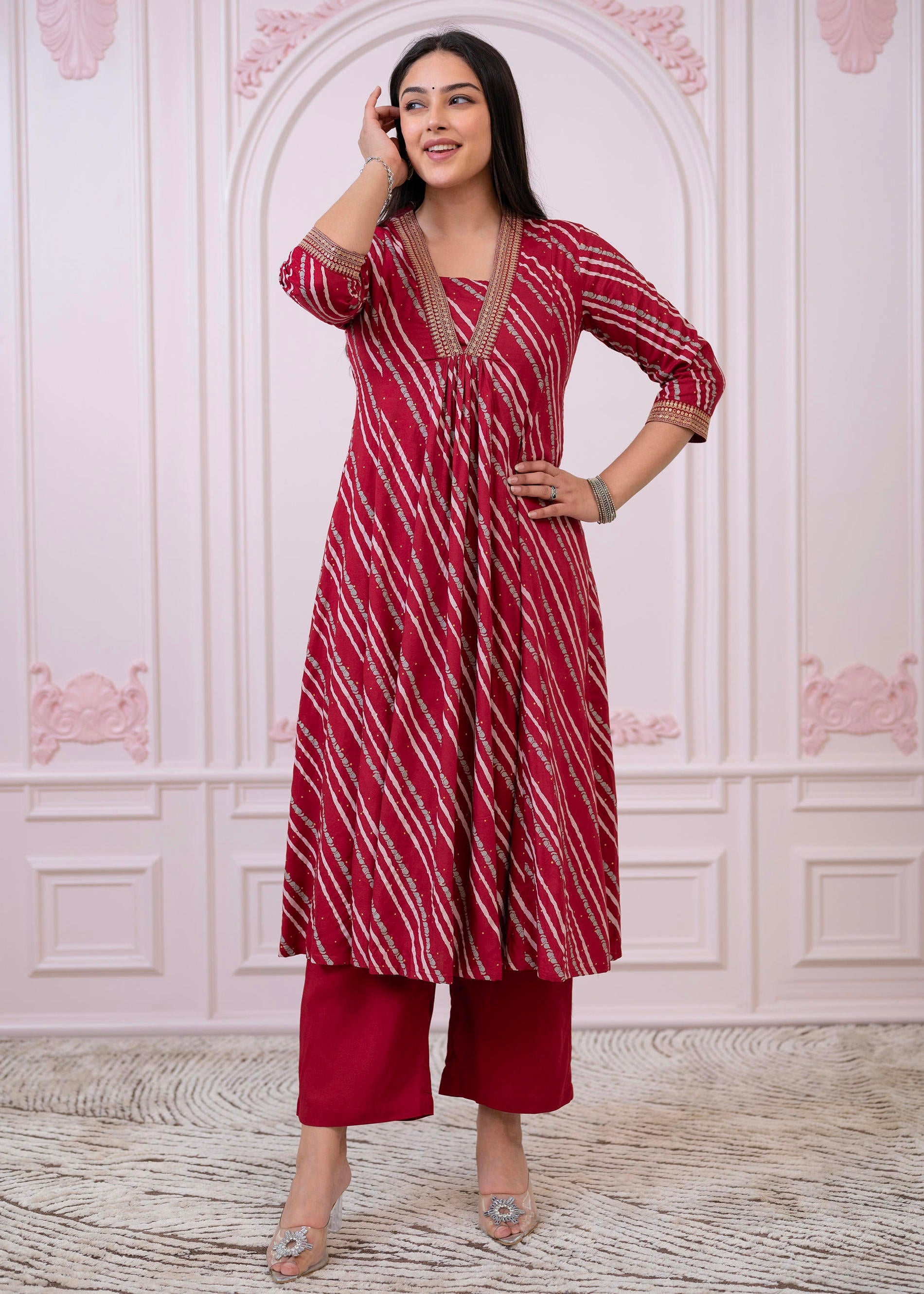 Maroon Angrakha-Style Kurta Set with Gota Work and Dupatta