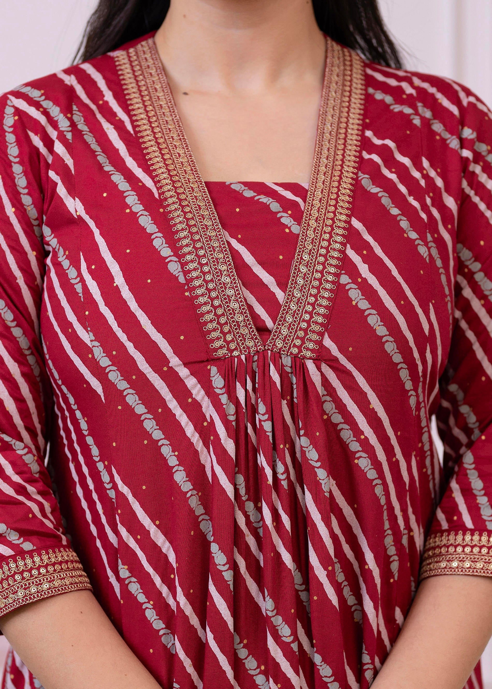 Maroon Angrakha-Style Kurta Set with Gota Work and Dupatta