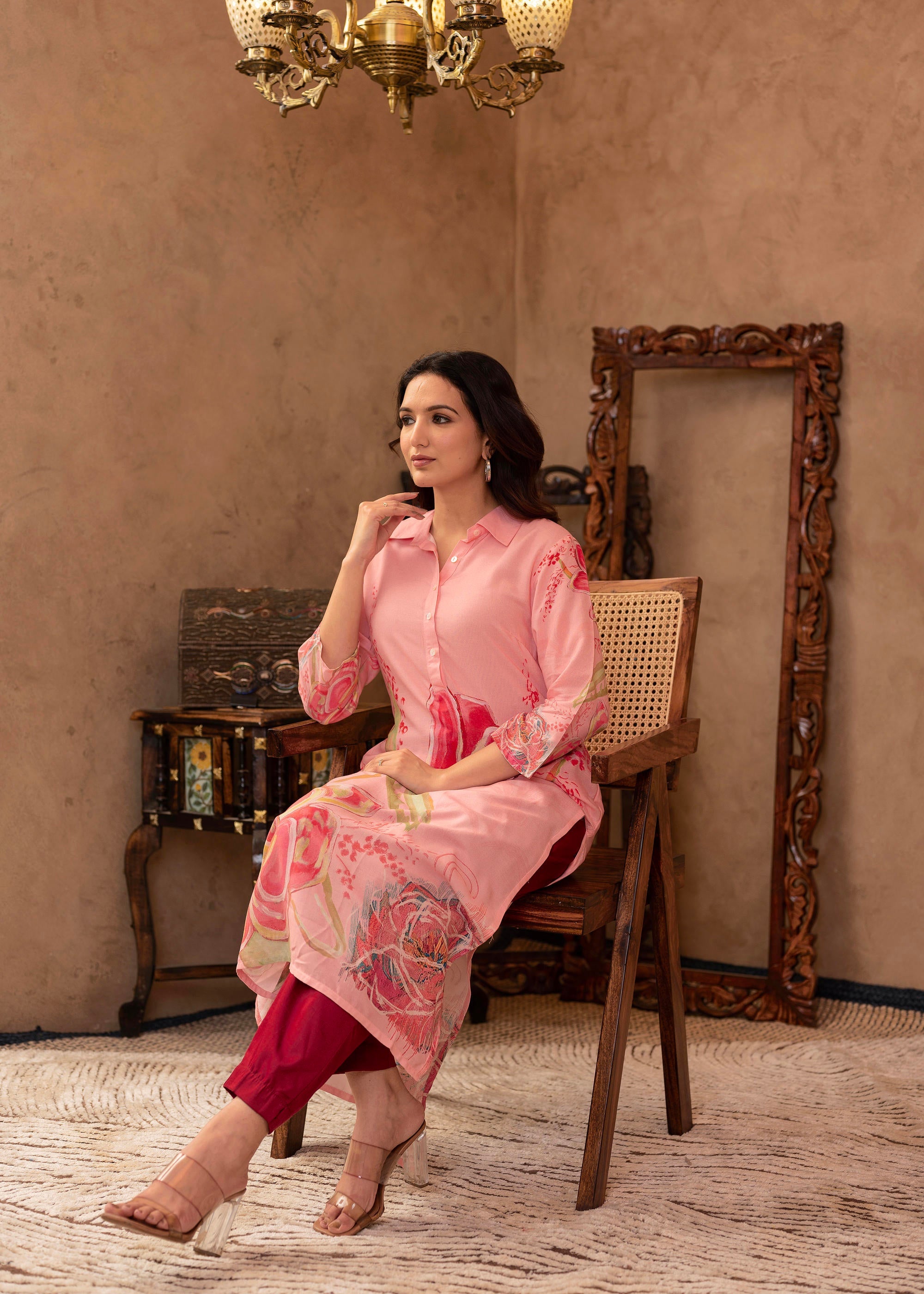 Pink Floral Printed Viscose Kurta with Button Detailing