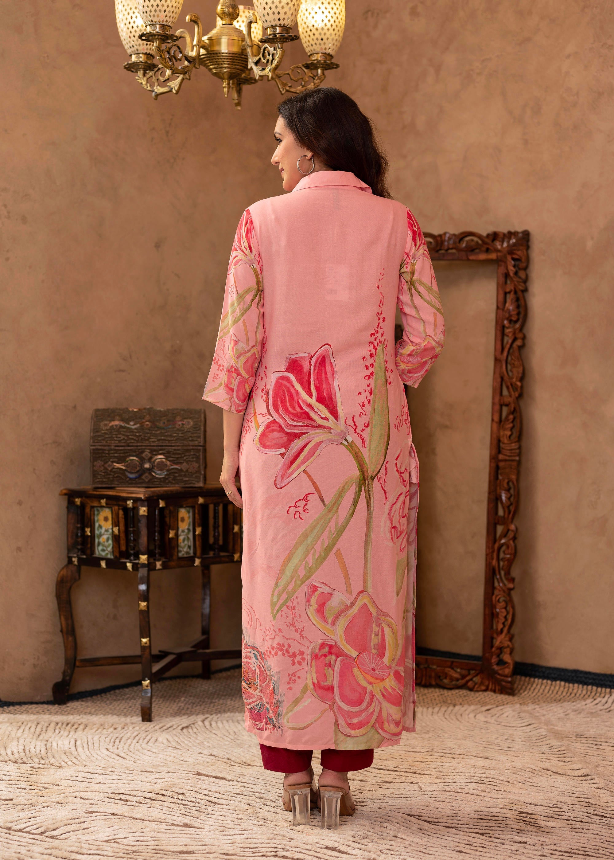 Pink Floral Printed Viscose Kurta with Button Detailing