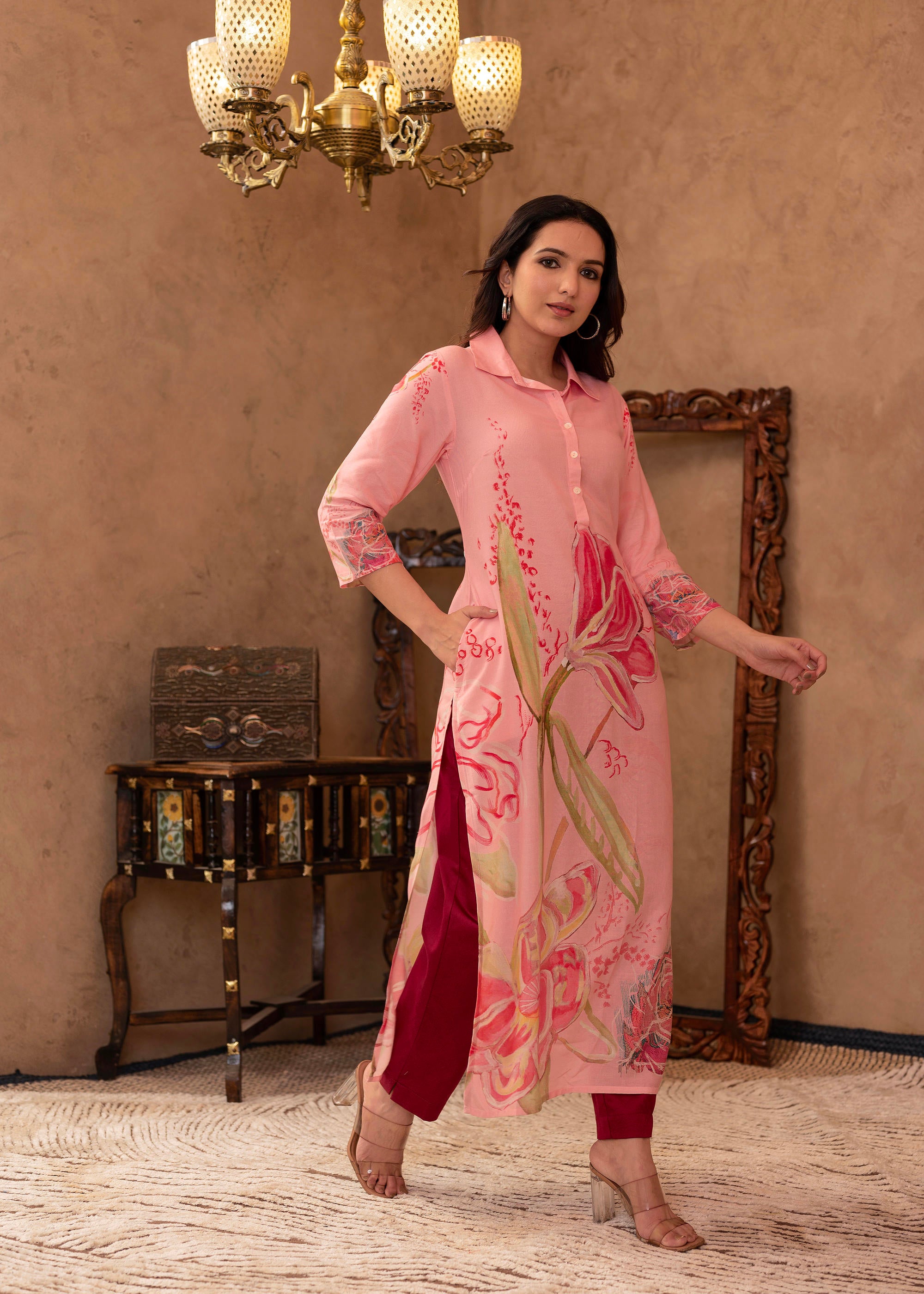 Pink Floral Printed Viscose Kurta with Button Detailing