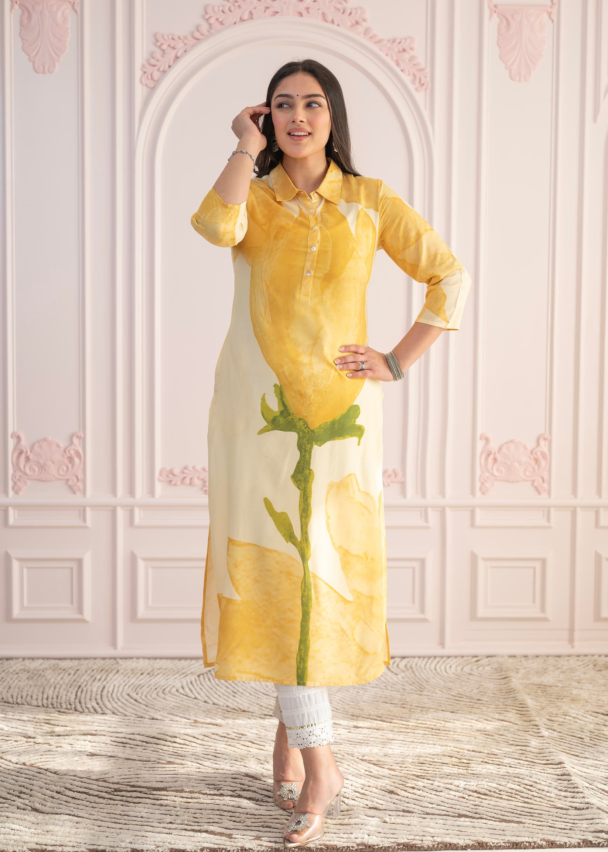 Yellow Floral Printed Viscose Kurta with Button Details