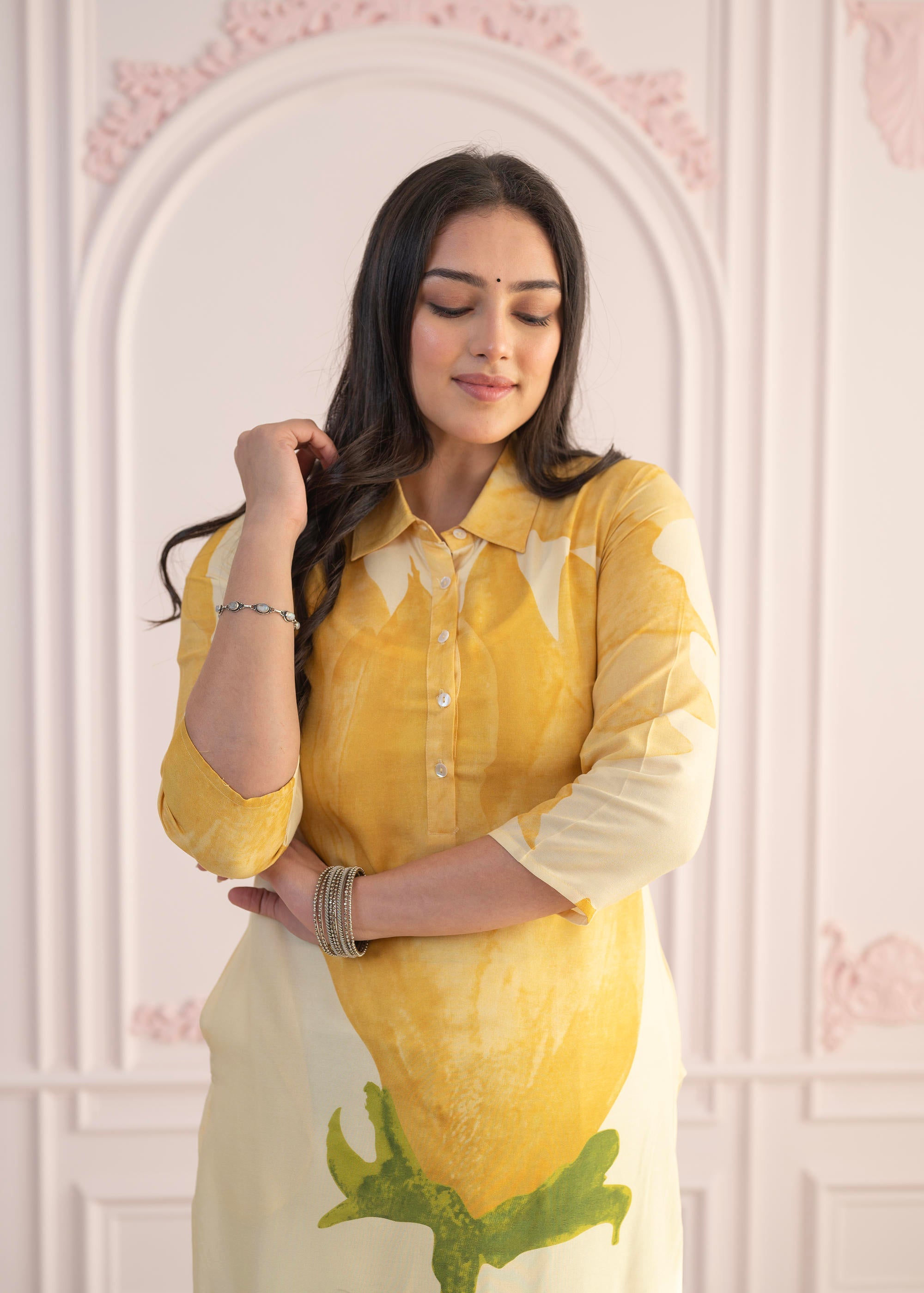 Yellow Floral Printed Viscose Kurta with Button Details