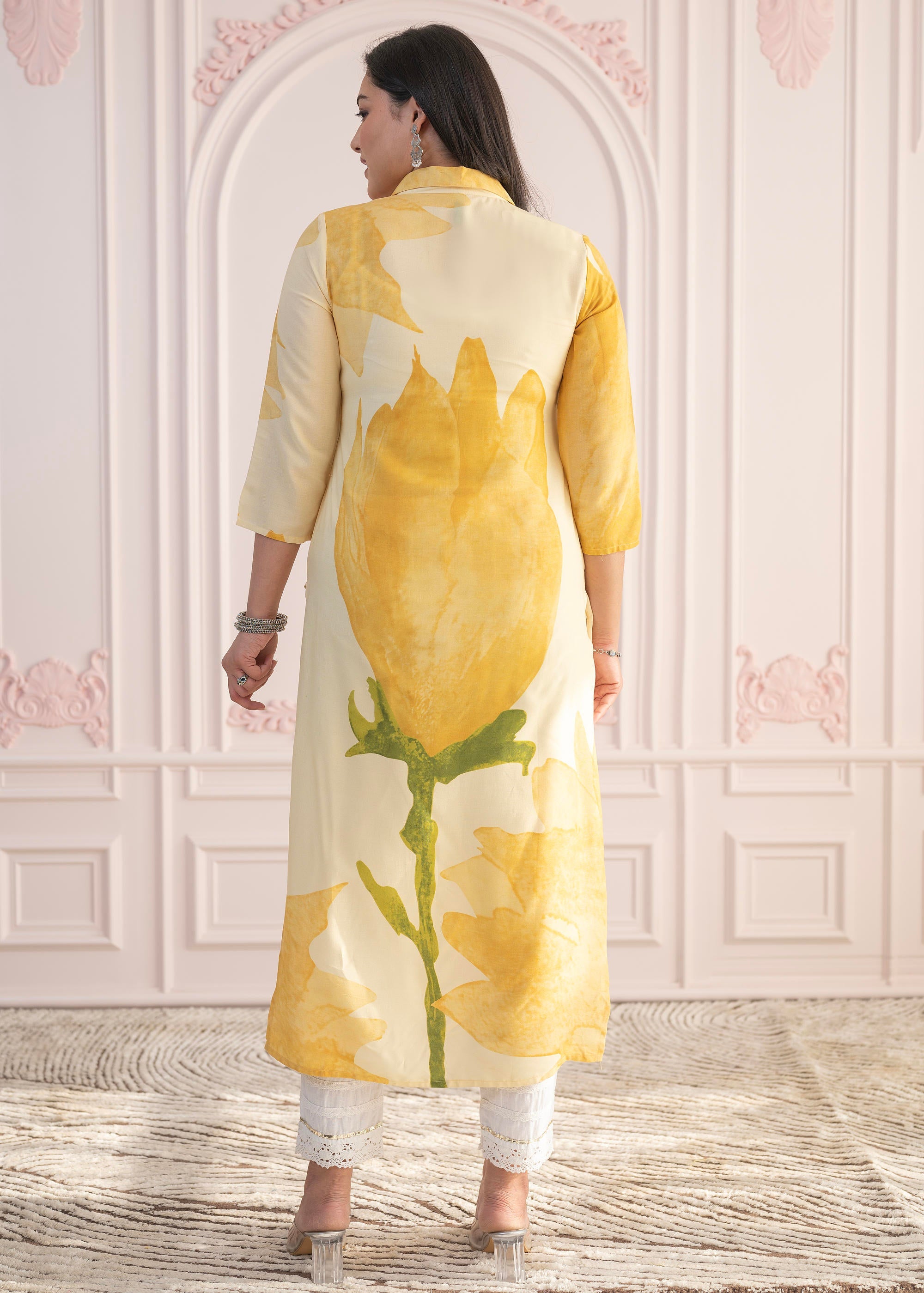Yellow Floral Printed Viscose Kurta with Button Details