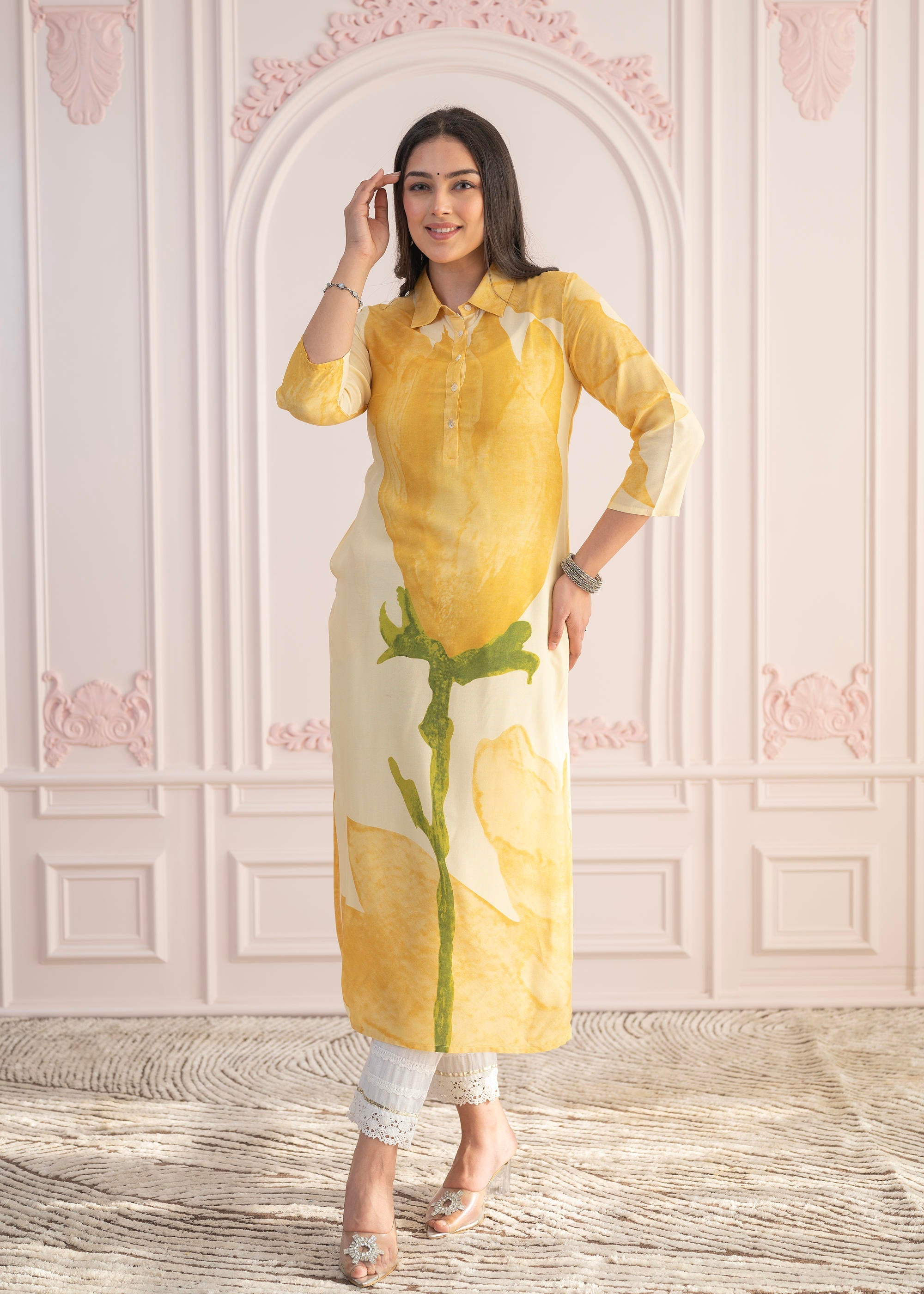 Yellow Floral Printed Viscose Kurta with Button Details