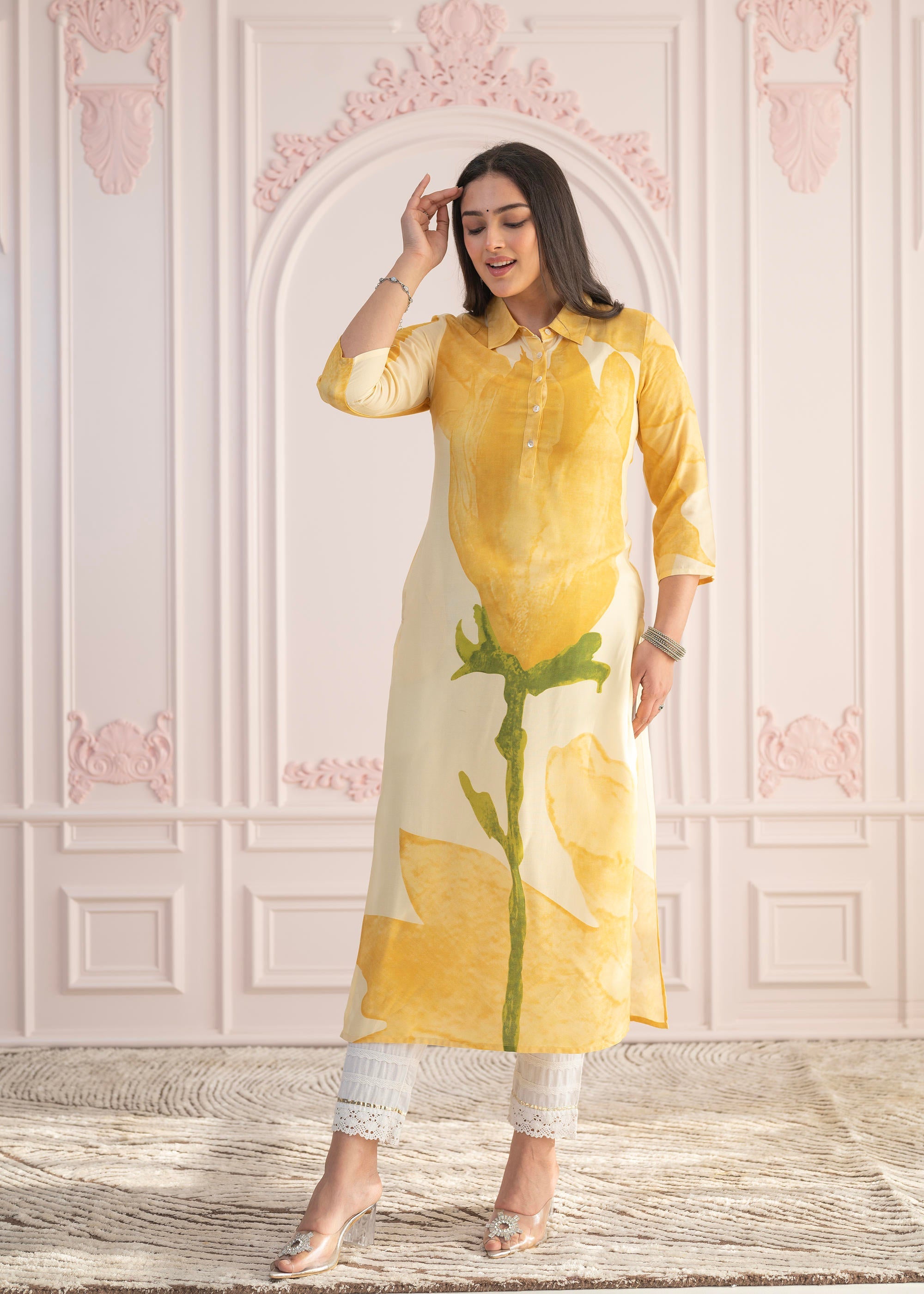 Yellow Floral Printed Viscose Kurta with Button Details