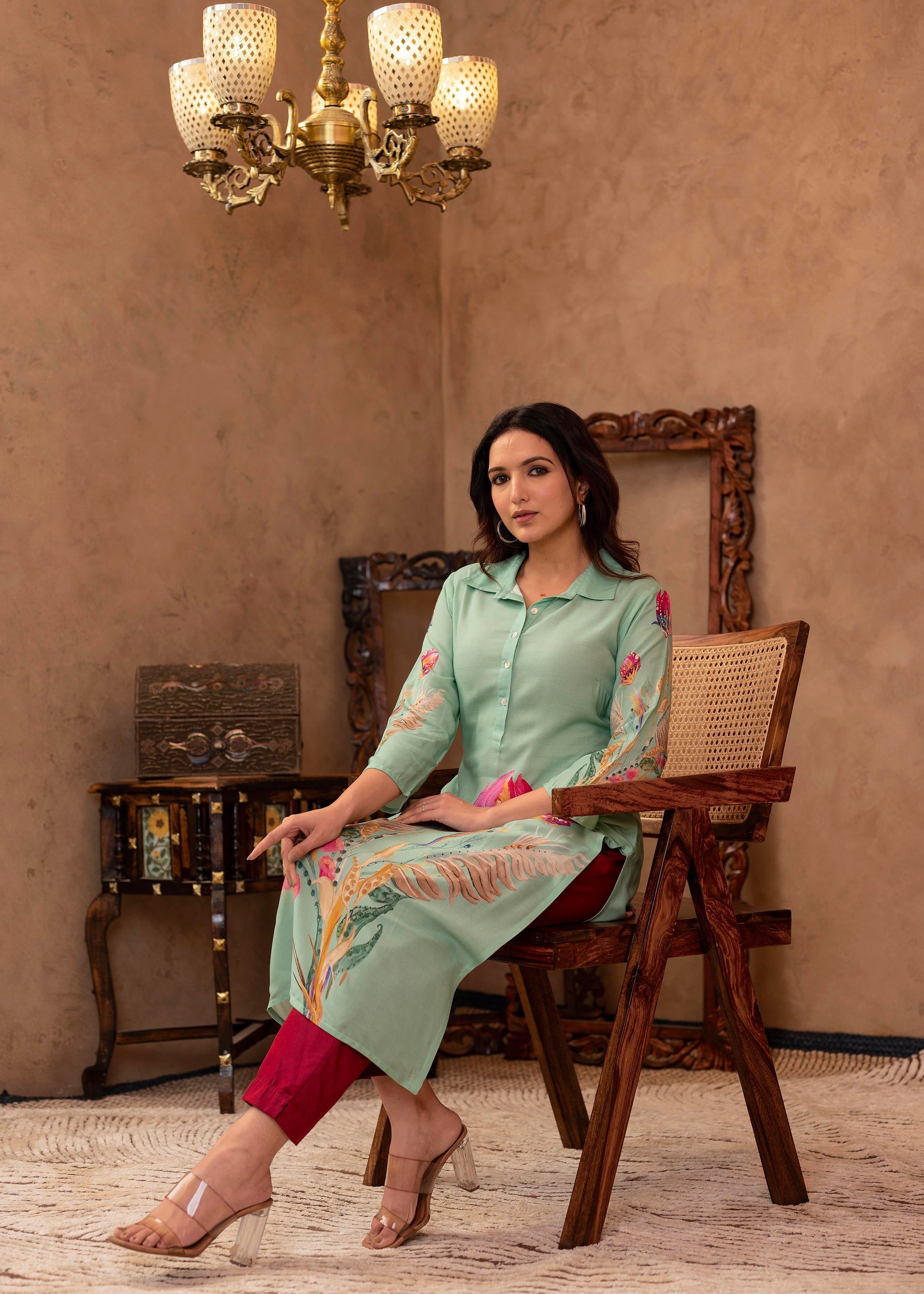 Mint Floral Printed Viscose Kurta with Shell Buttons