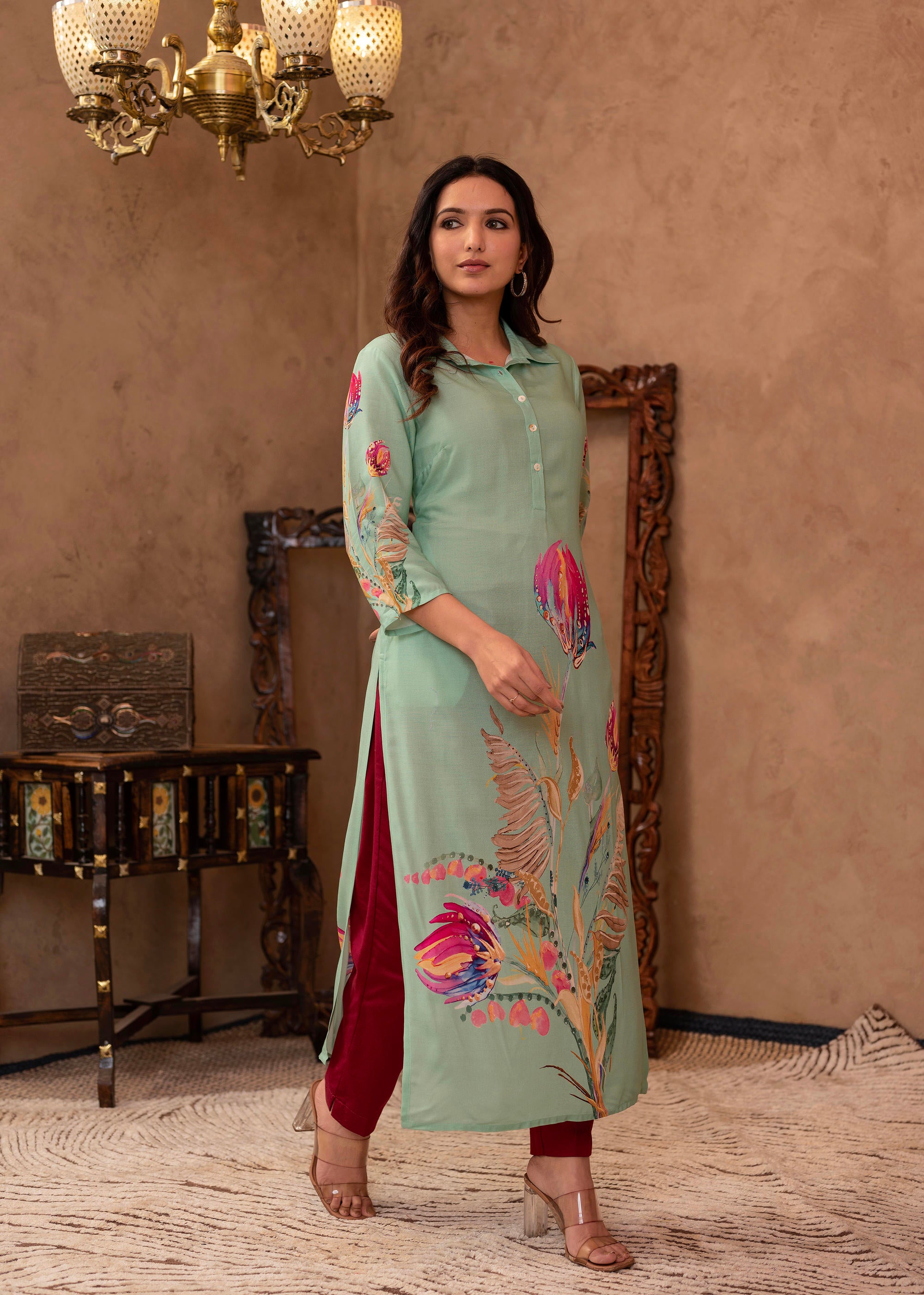 Mint Floral Printed Viscose Kurta with Shell Buttons
