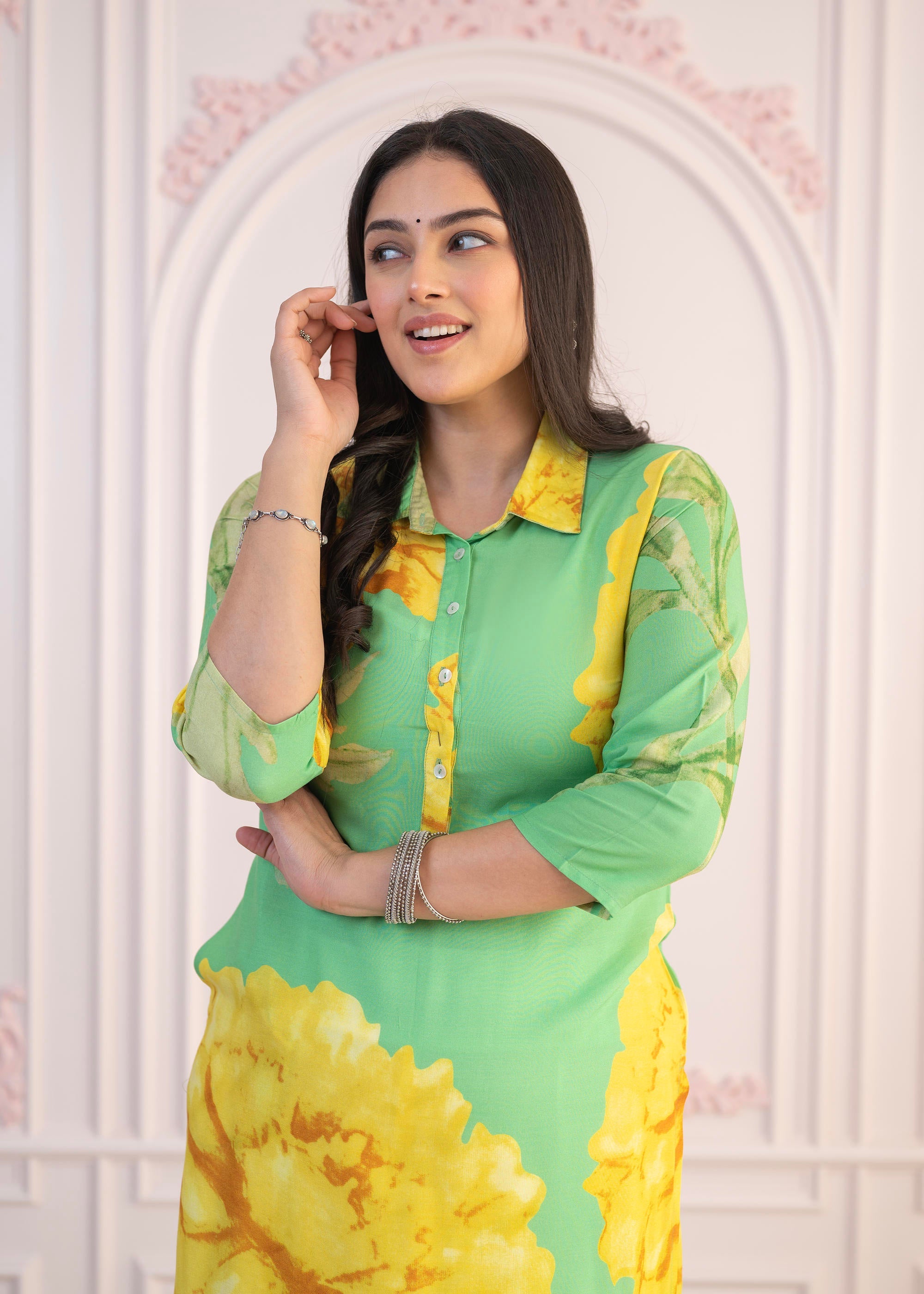 Green & Yellow Printed Viscose Kurta with Button Details