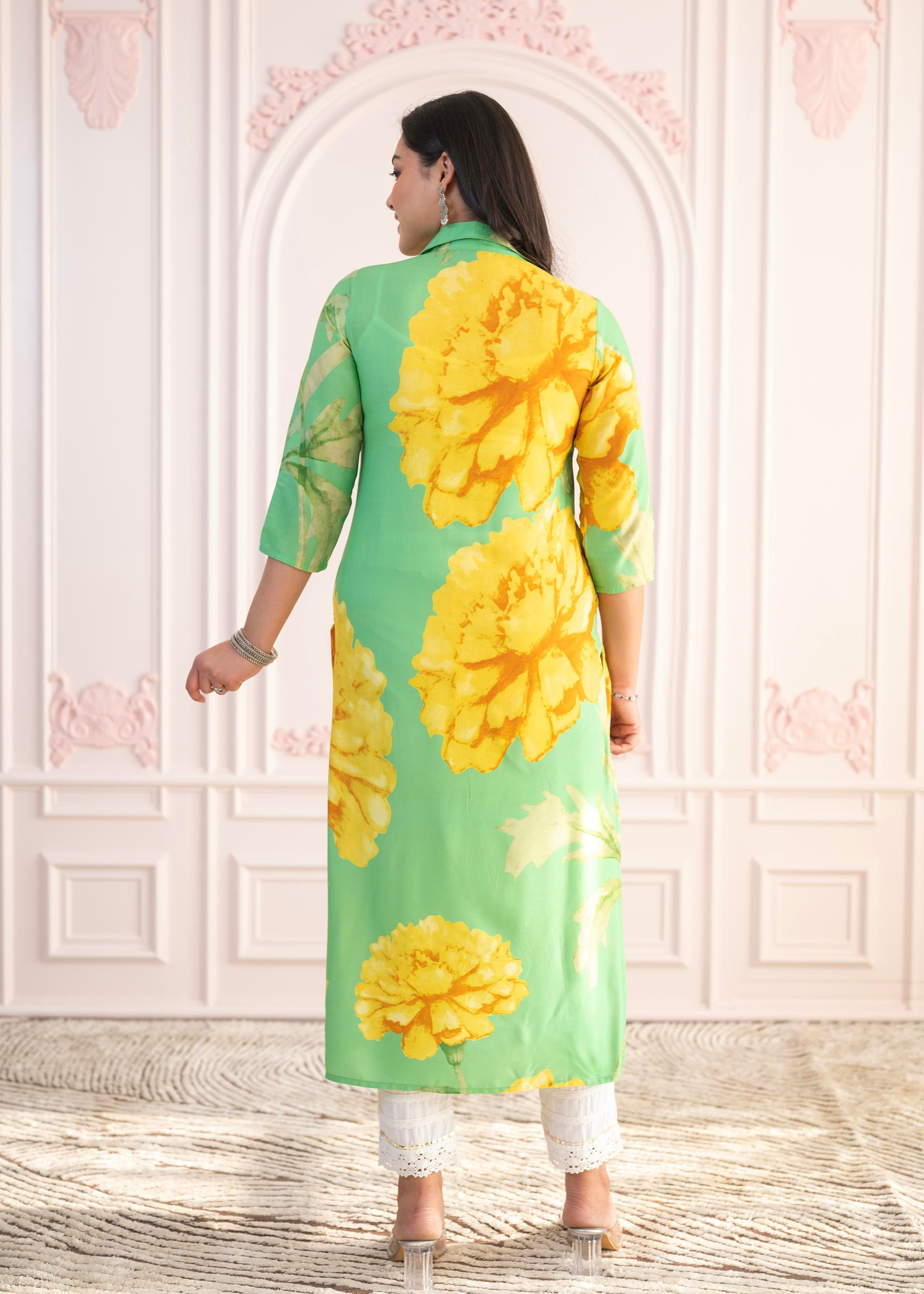 Green & Yellow Printed Viscose Kurta with Button Details