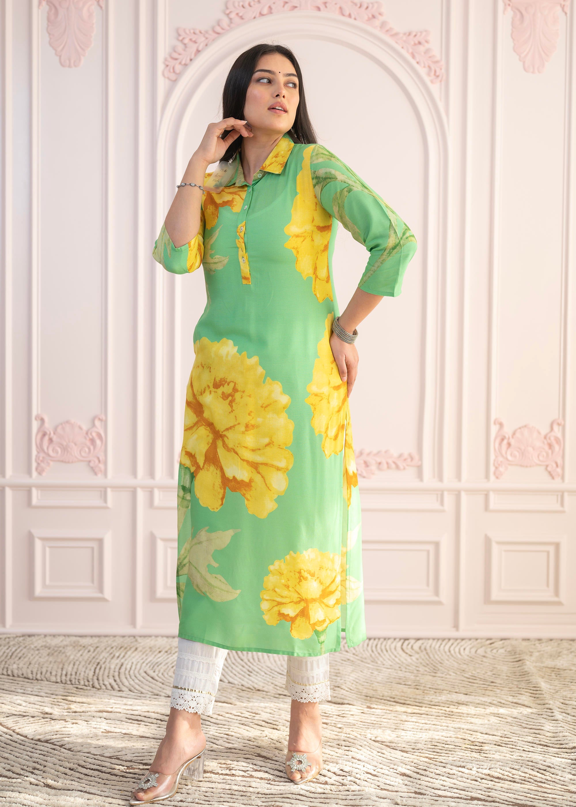 Green & Yellow Printed Viscose Kurta with Button Details