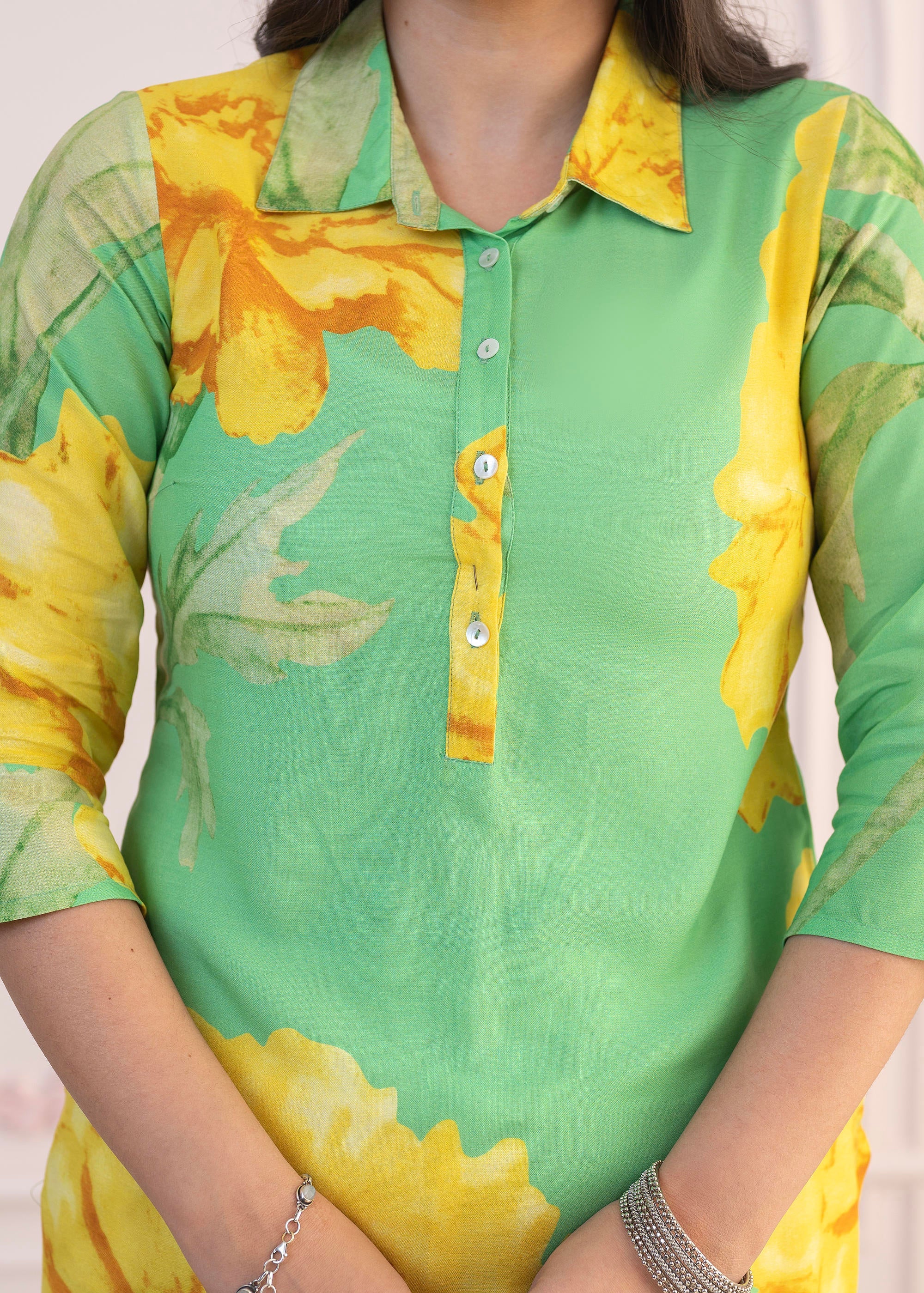 Green & Yellow Printed Viscose Kurta with Button Details