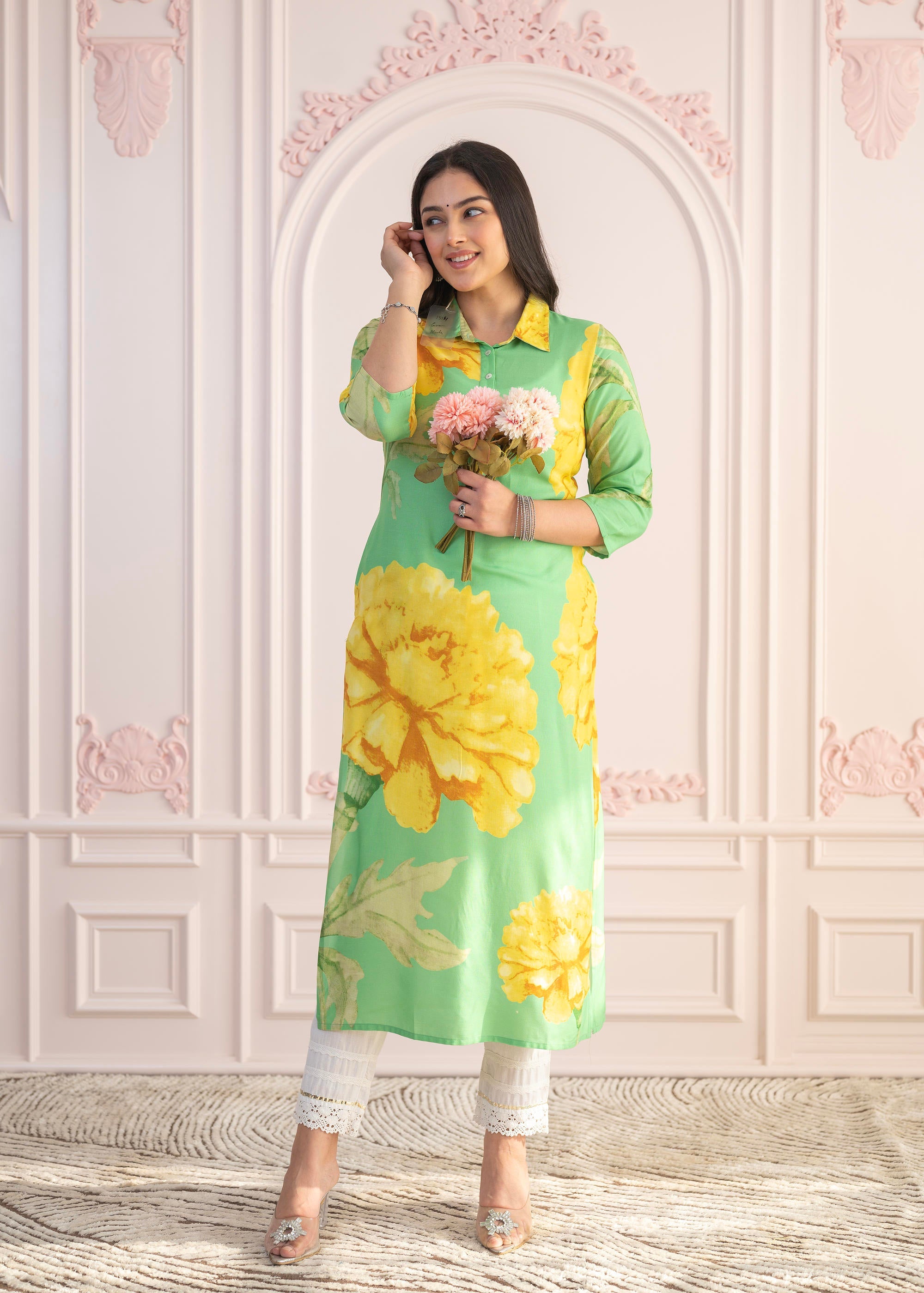Green & Yellow Printed Viscose Kurta with Button Details