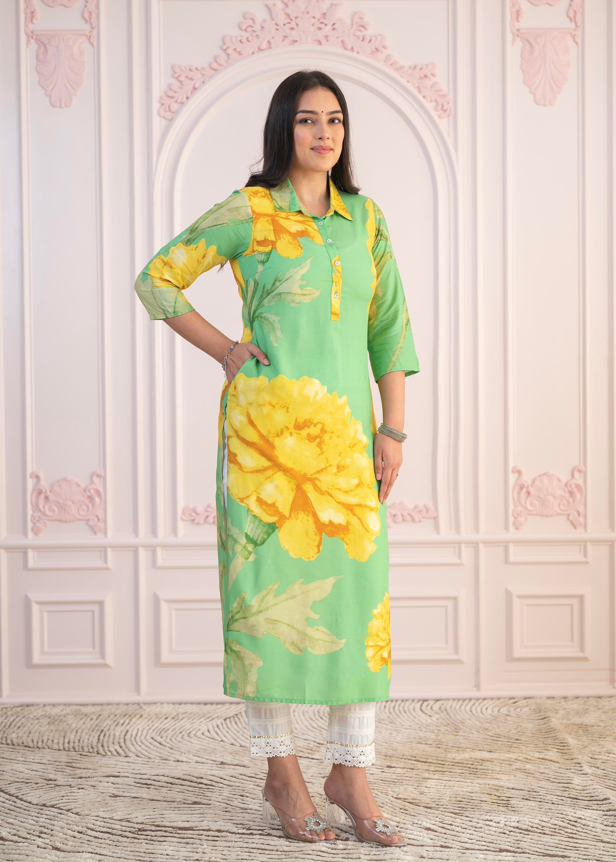 Green & Yellow Printed Viscose Kurta with Button Details