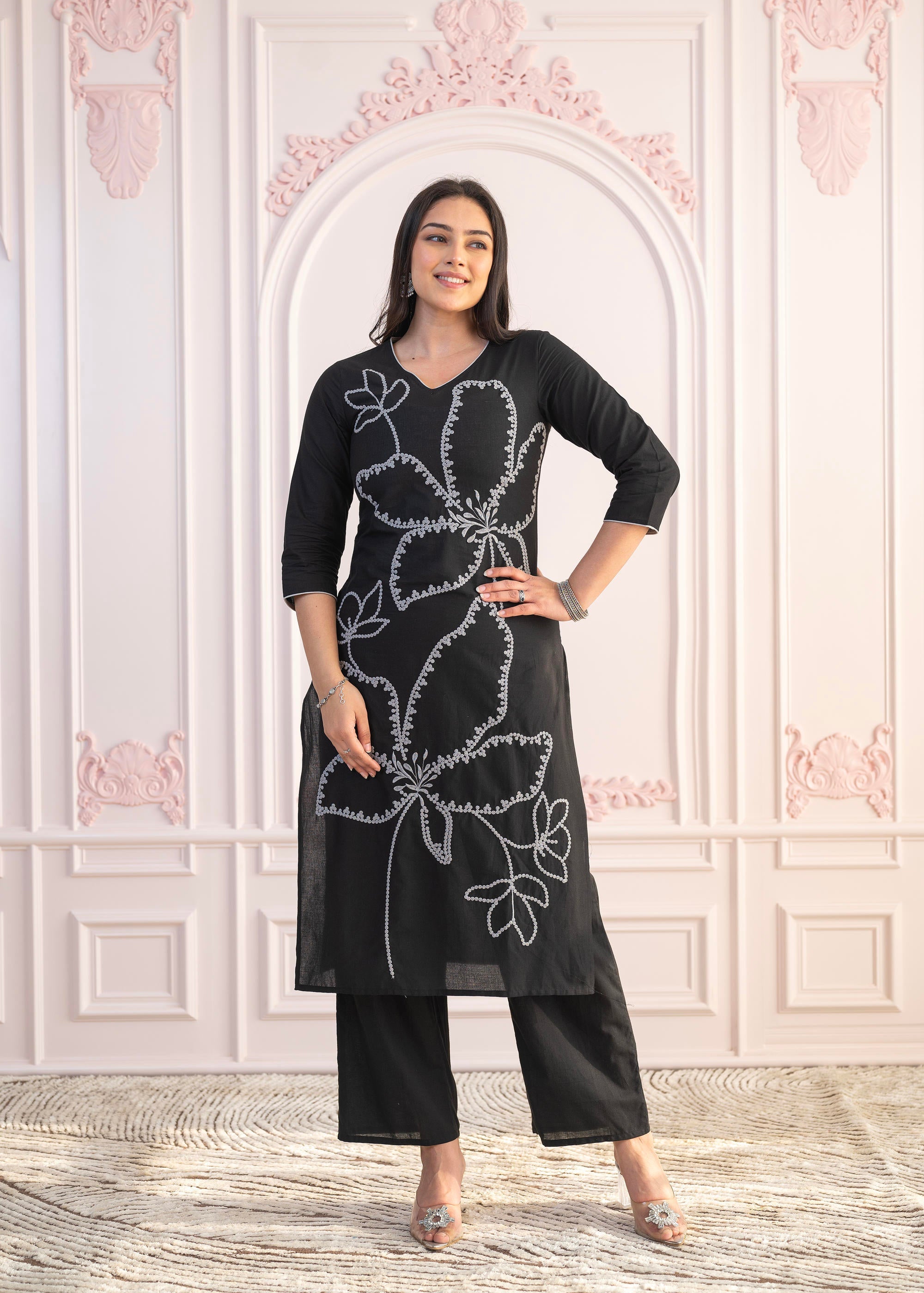 Black Floral Embroidered Cotton Slub Kurta with Palazzo