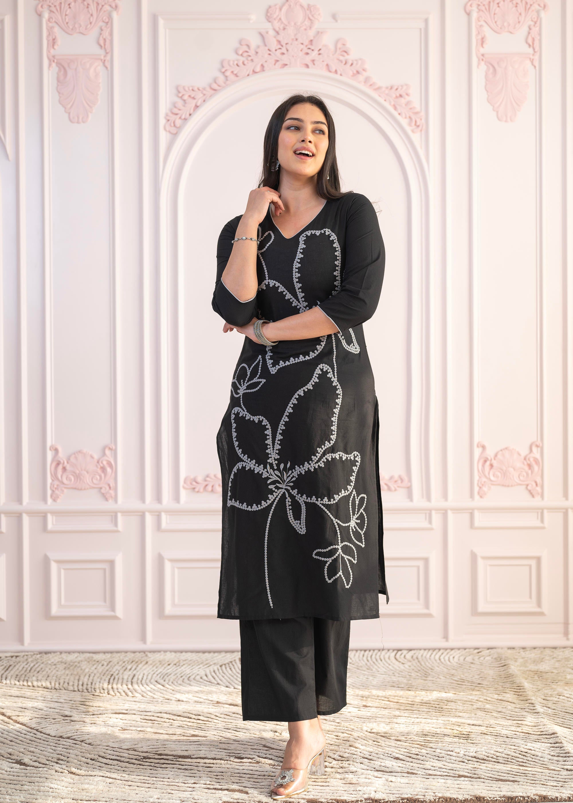 Black Floral Embroidered Cotton Slub Kurta with Palazzo