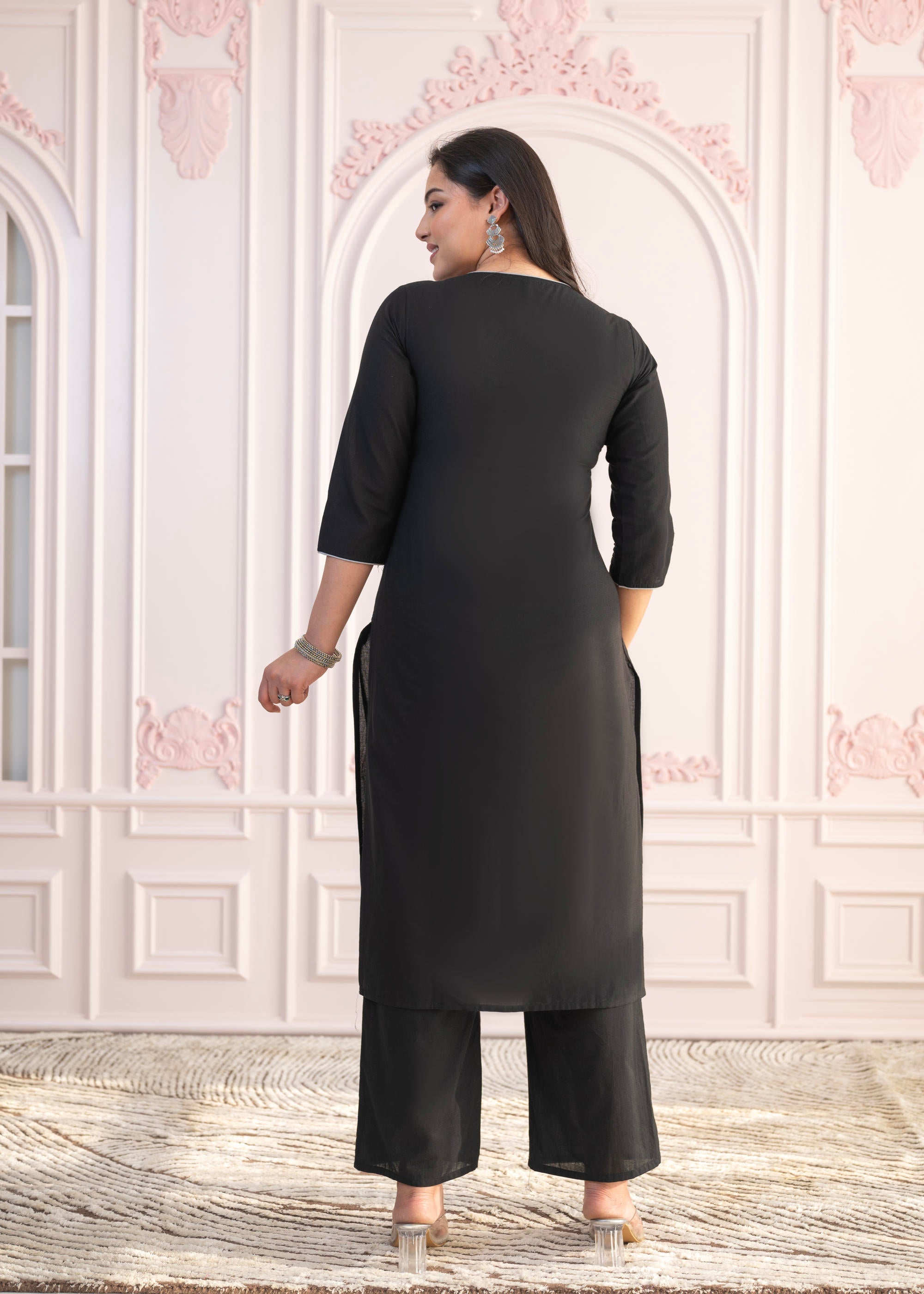 Black Floral Embroidered Cotton Slub Kurta with Palazzo