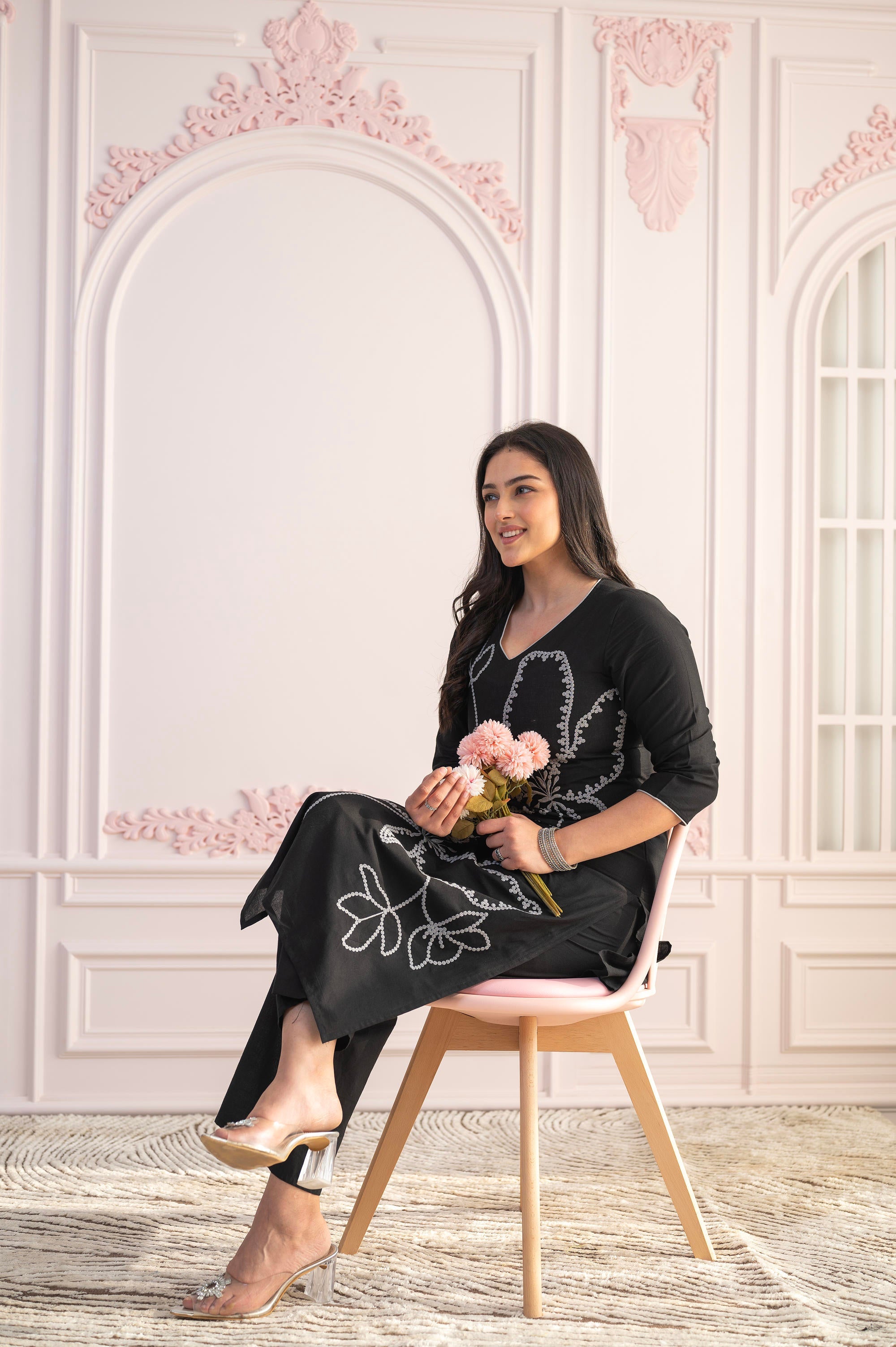 Black Floral Embroidered Cotton Slub Kurta with Palazzo