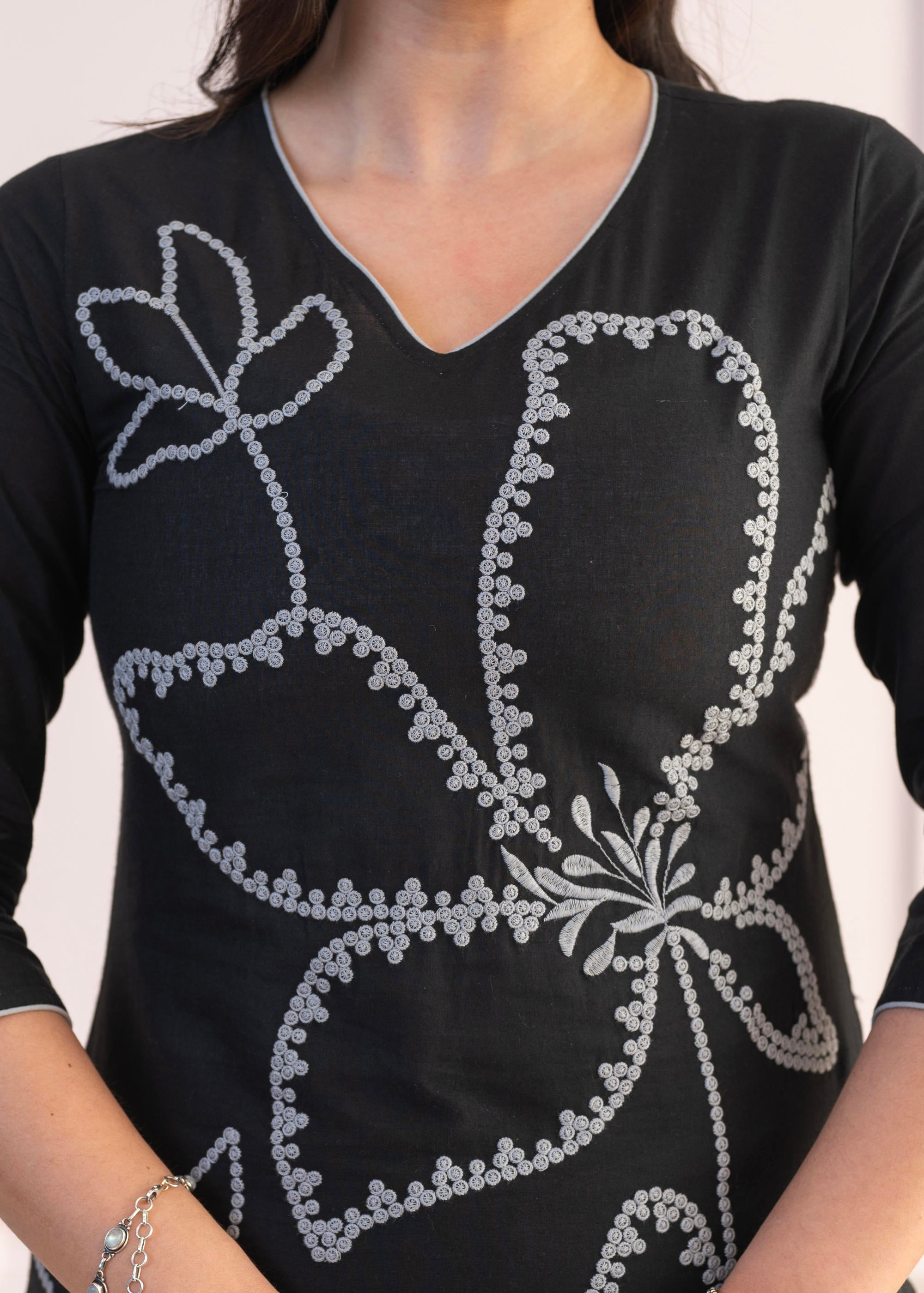 Black Floral Embroidered Cotton Slub Kurta with Palazzo