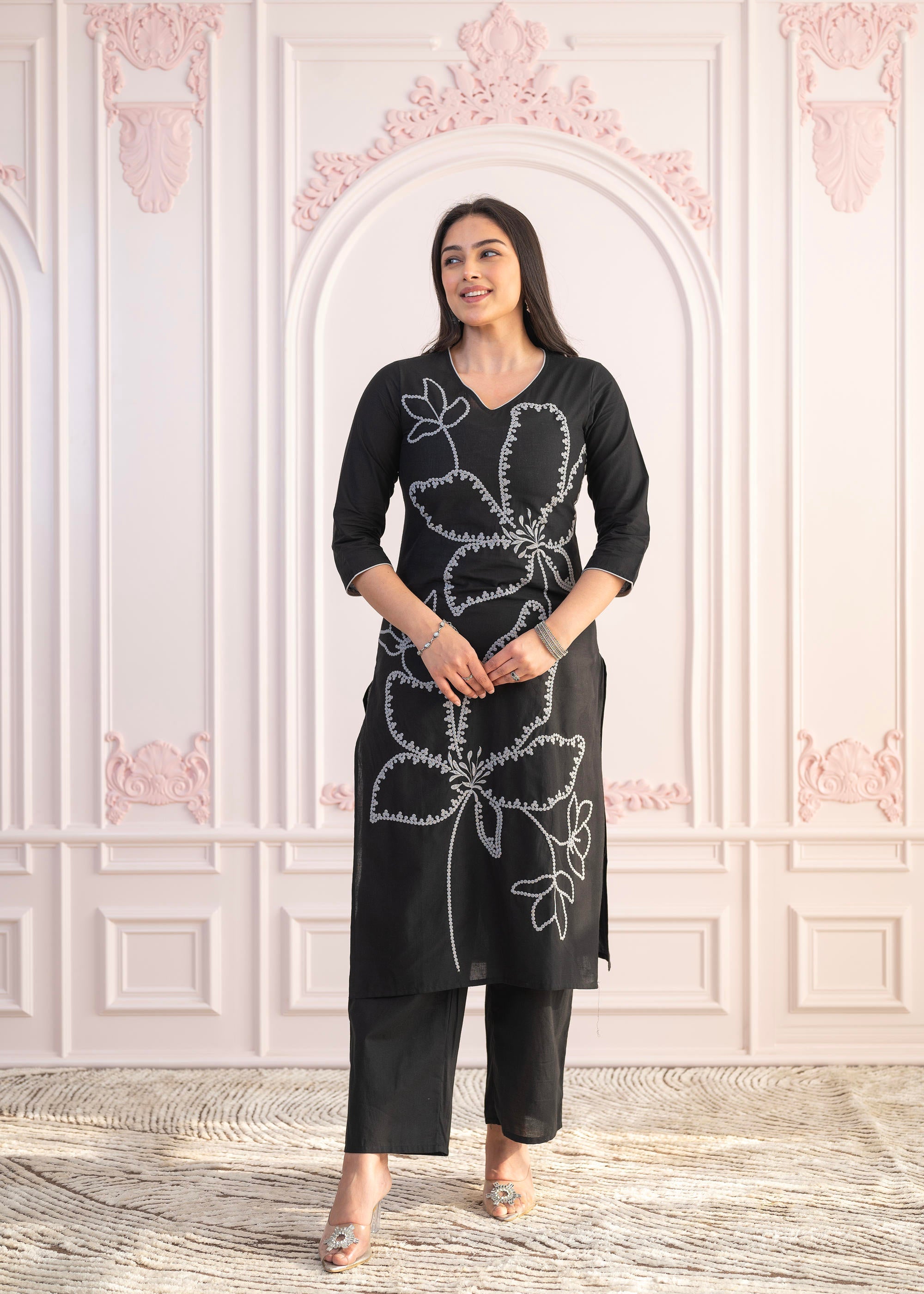 Black Floral Embroidered Cotton Slub Kurta with Palazzo