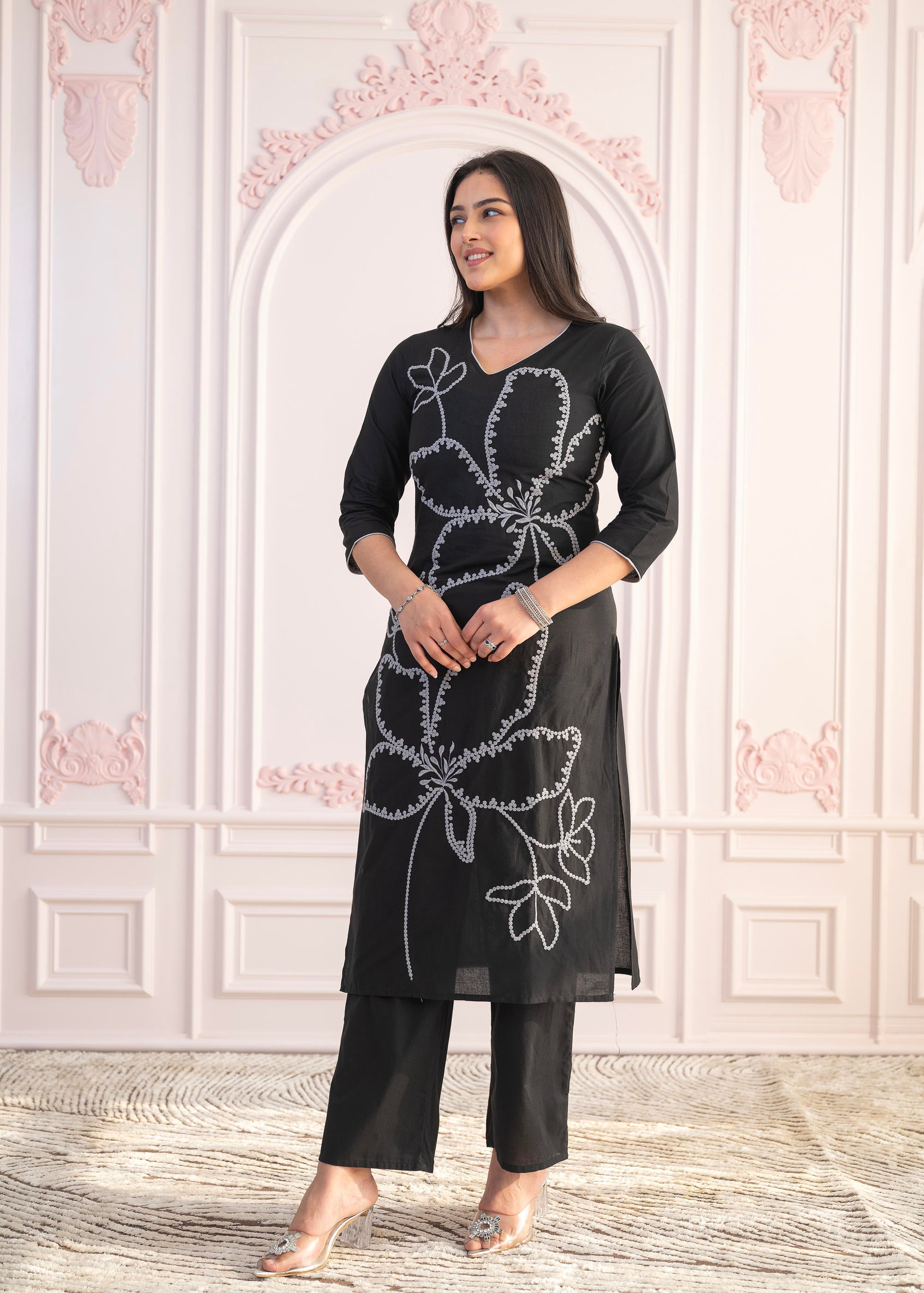 Black Floral Embroidered Cotton Slub Kurta with Palazzo