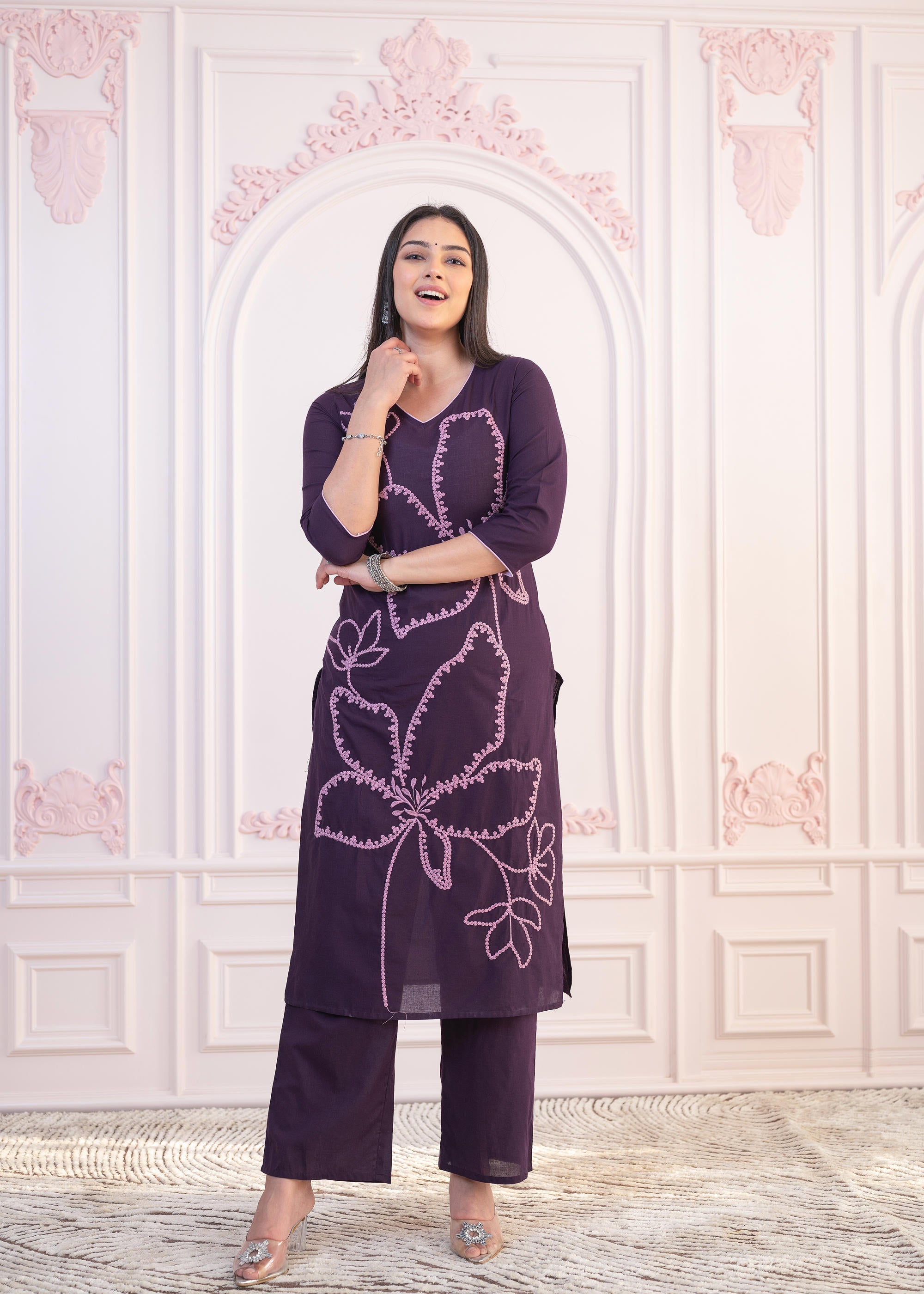 Purple Floral Embroidered Cotton Kurta with Palazzo