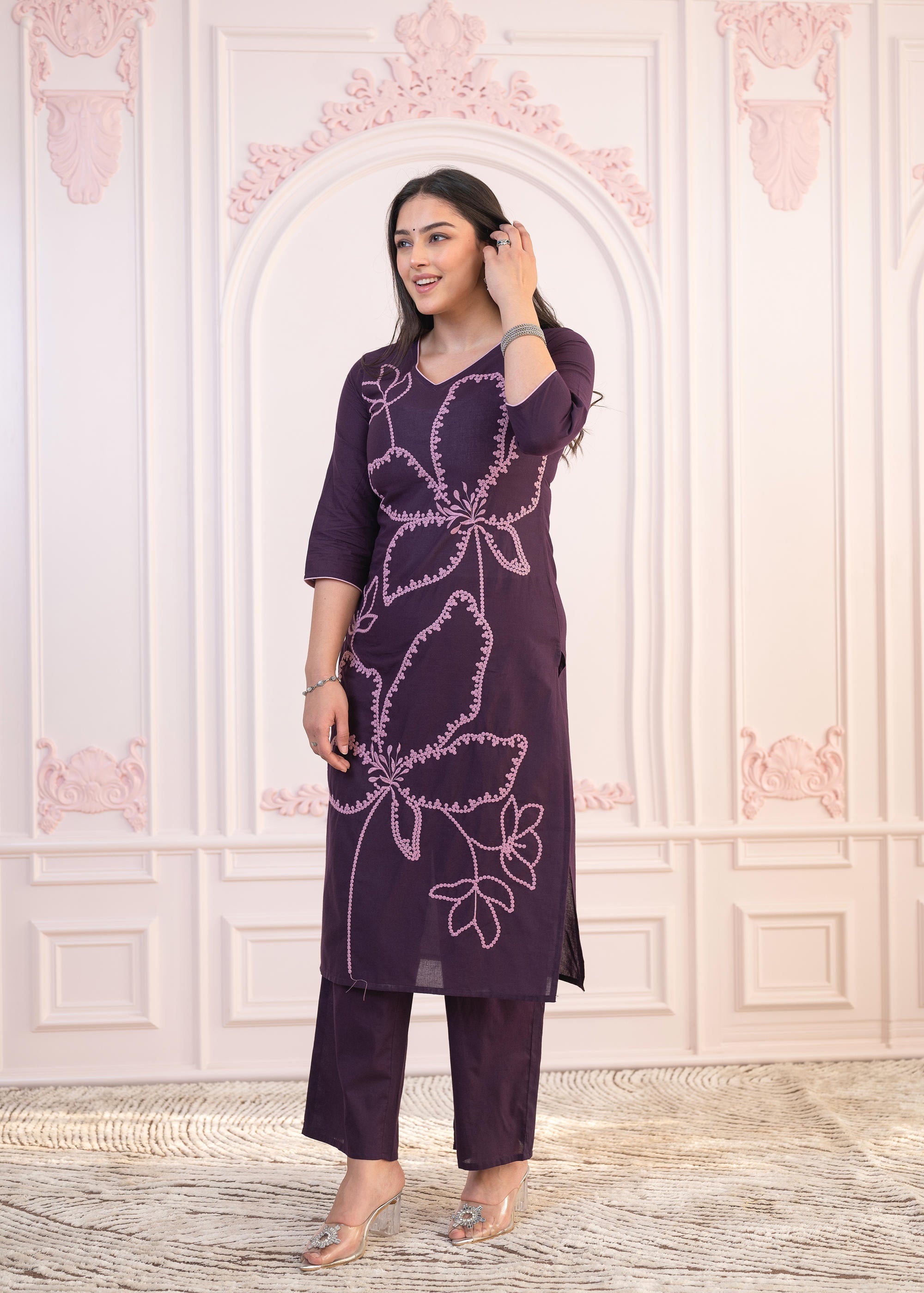 Purple Floral Embroidered Cotton Kurta with Palazzo