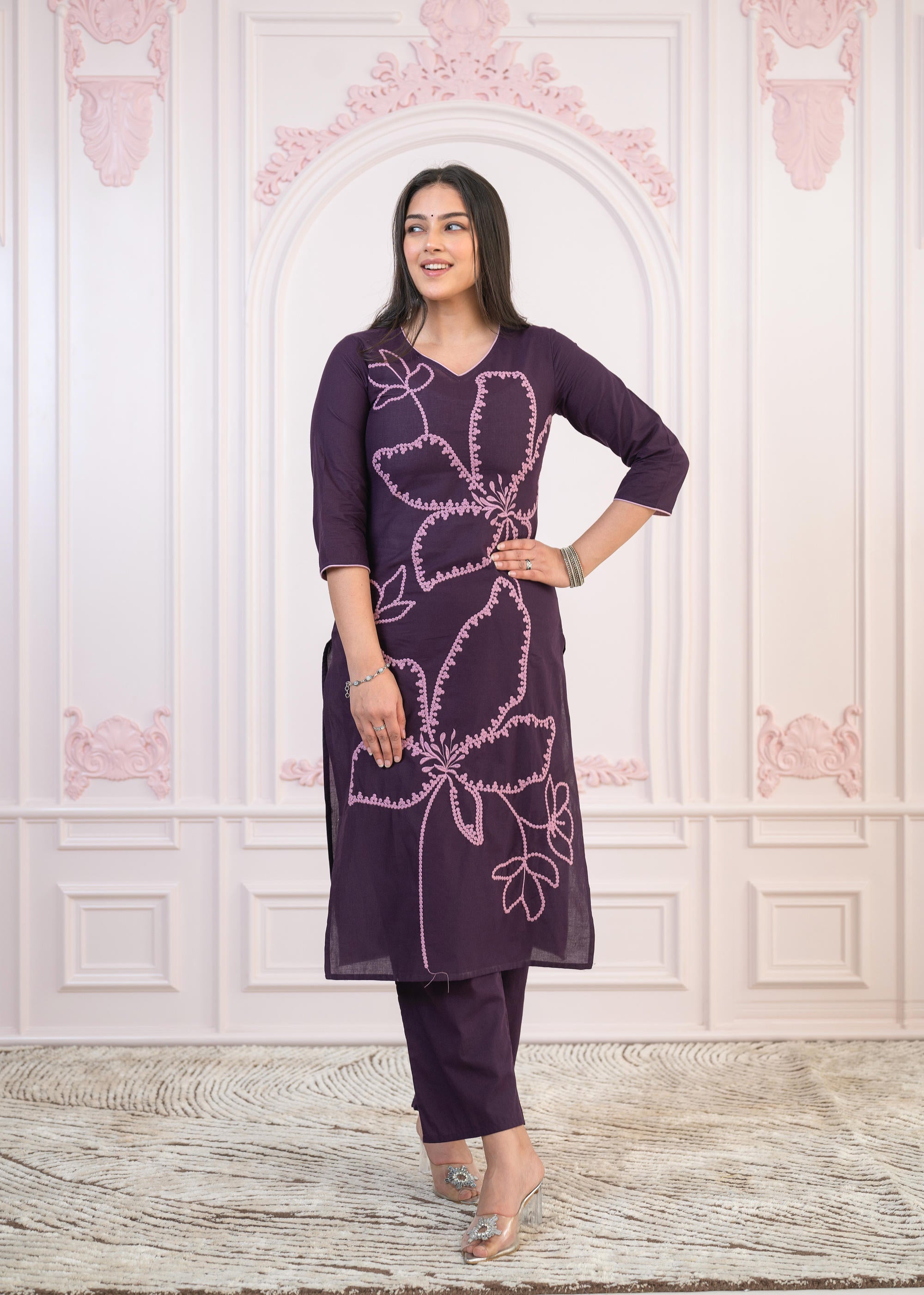 Purple Floral Embroidered Cotton Kurta with Palazzo