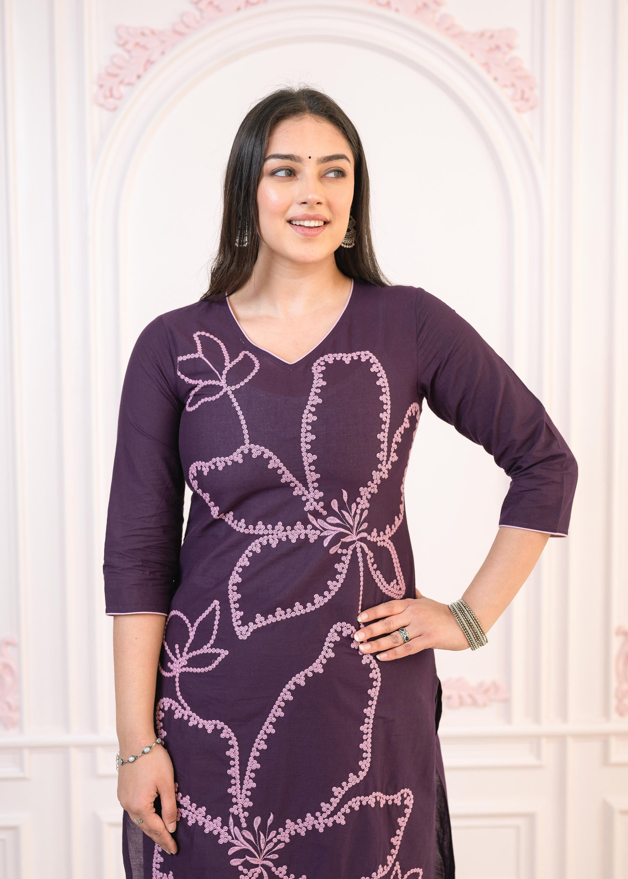 Purple Floral Embroidered Cotton Kurta with Palazzo