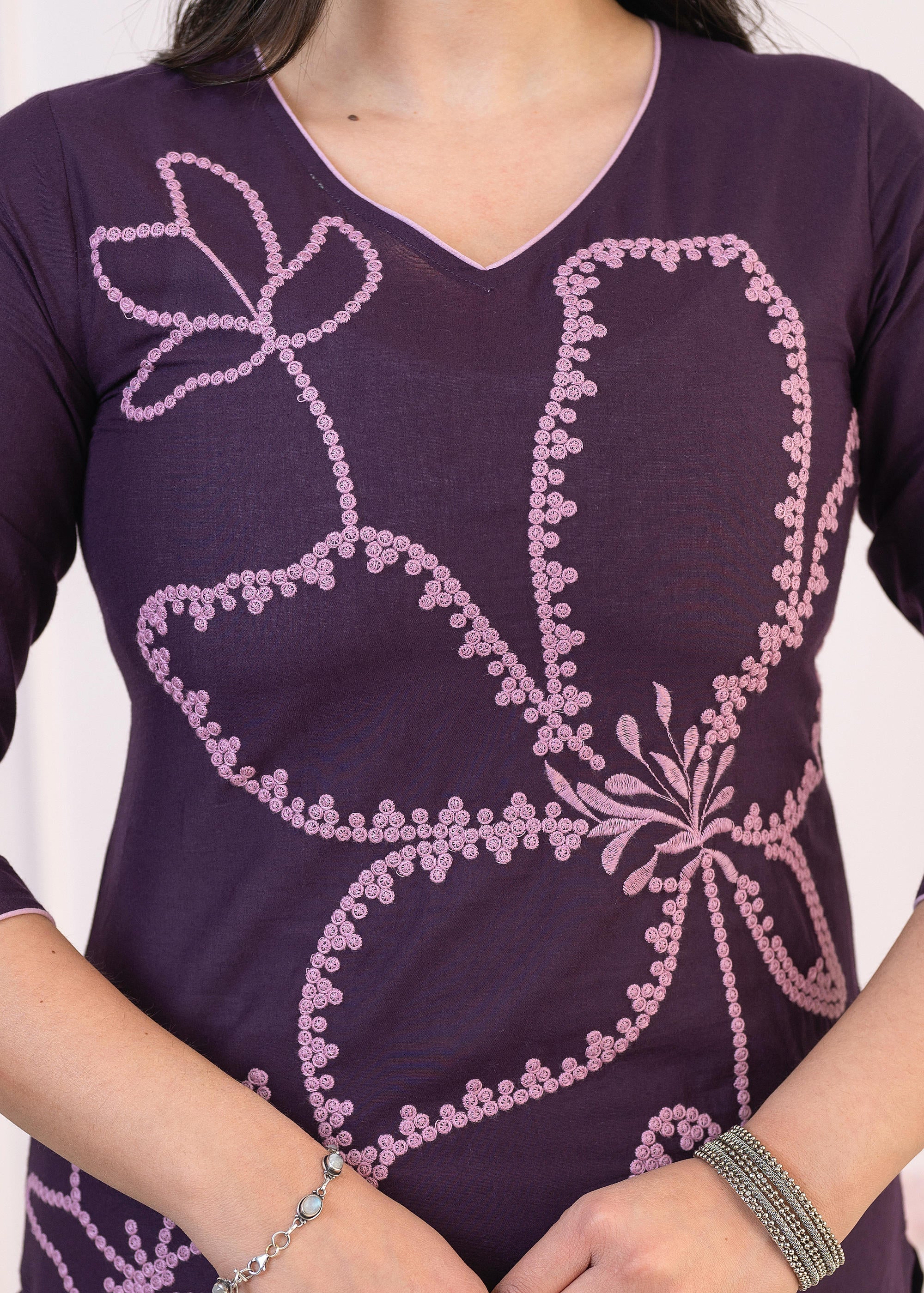 Purple Floral Embroidered Cotton Kurta with Palazzo