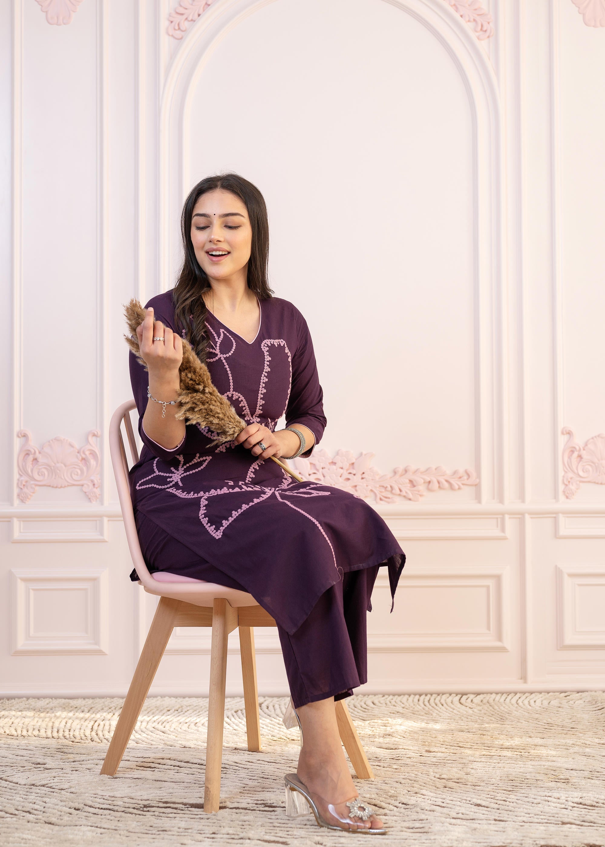 Purple Floral Embroidered Cotton Kurta with Palazzo