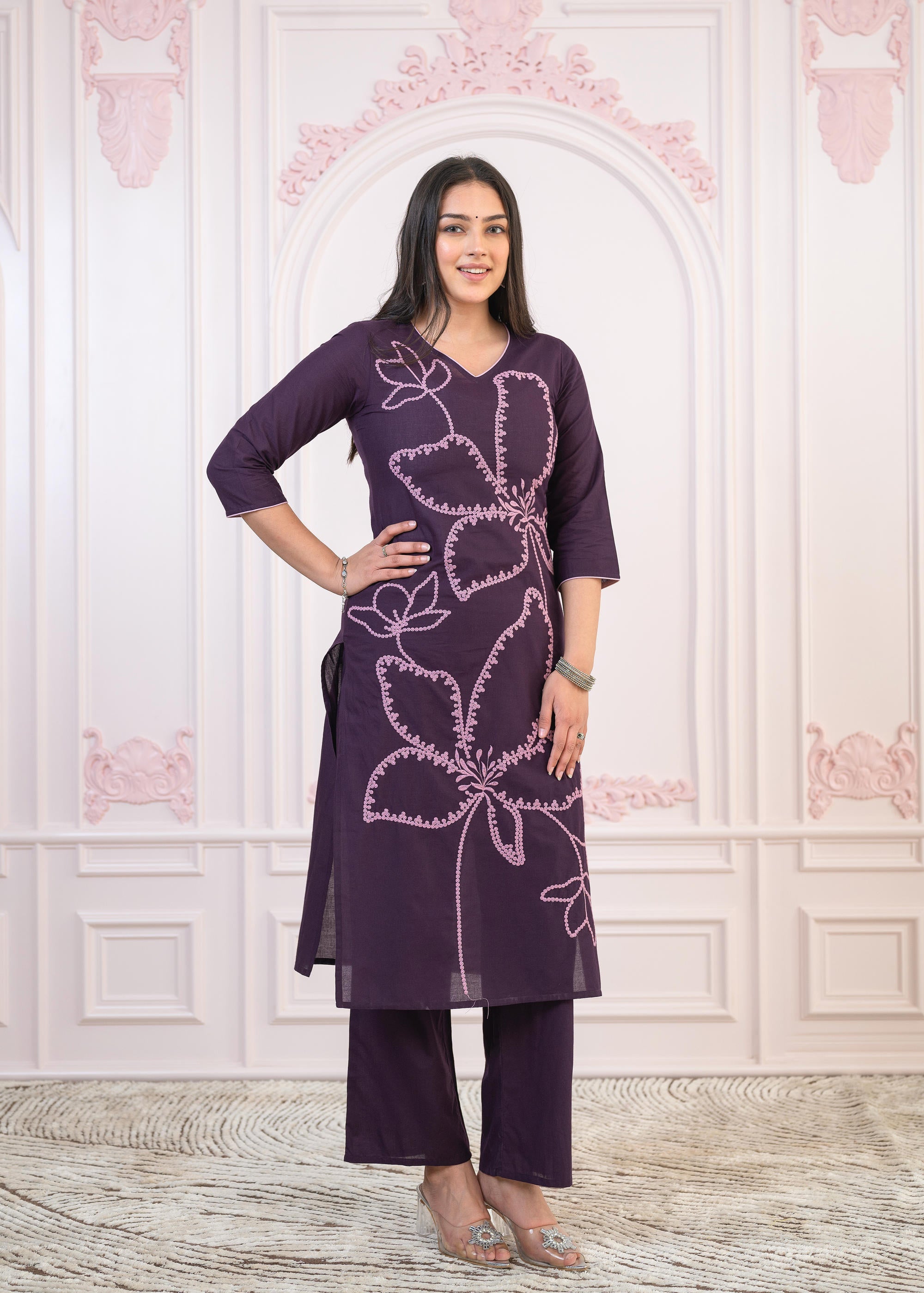 Purple Floral Embroidered Cotton Kurta with Palazzo