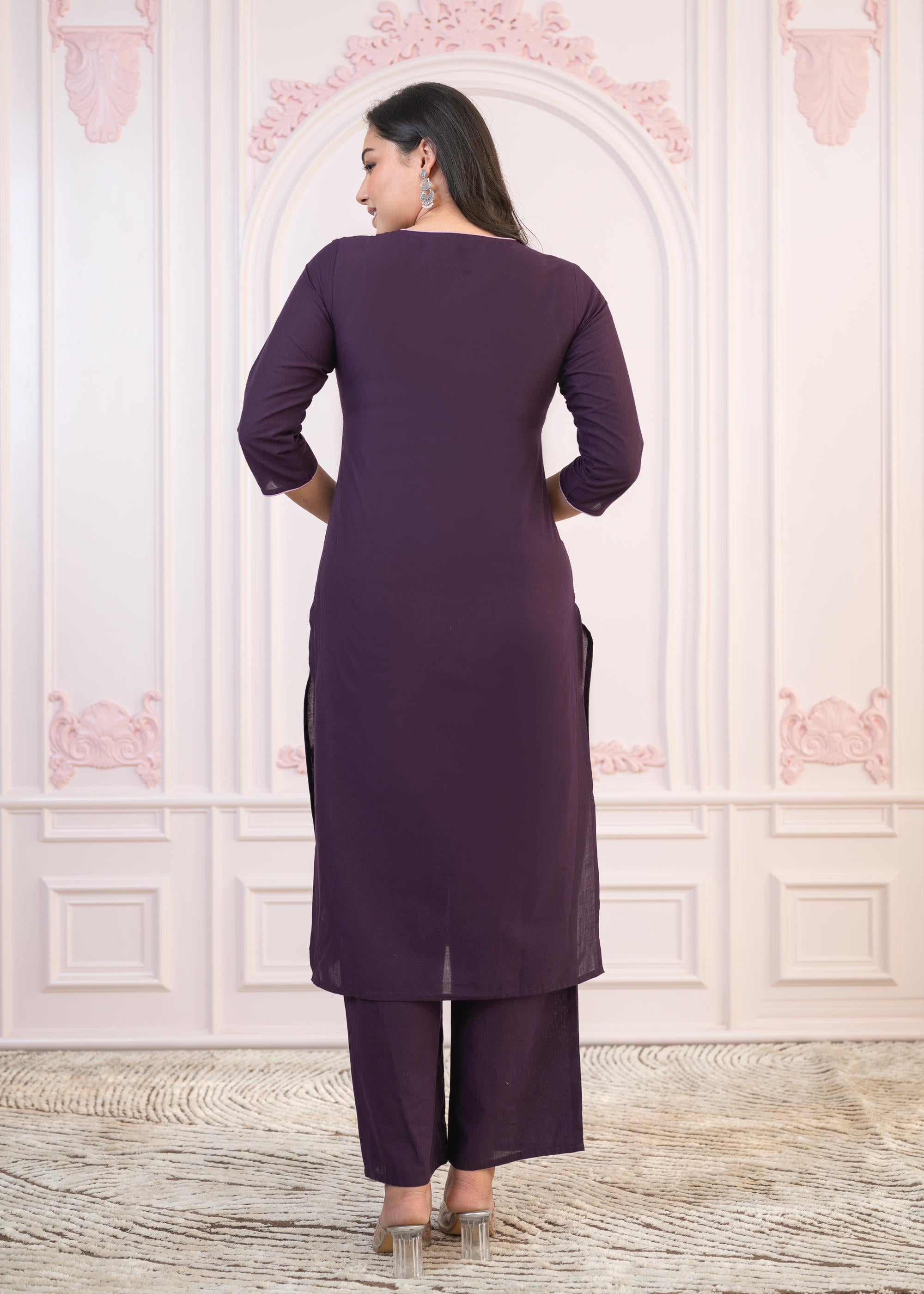 Purple Floral Embroidered Cotton Kurta with Palazzo