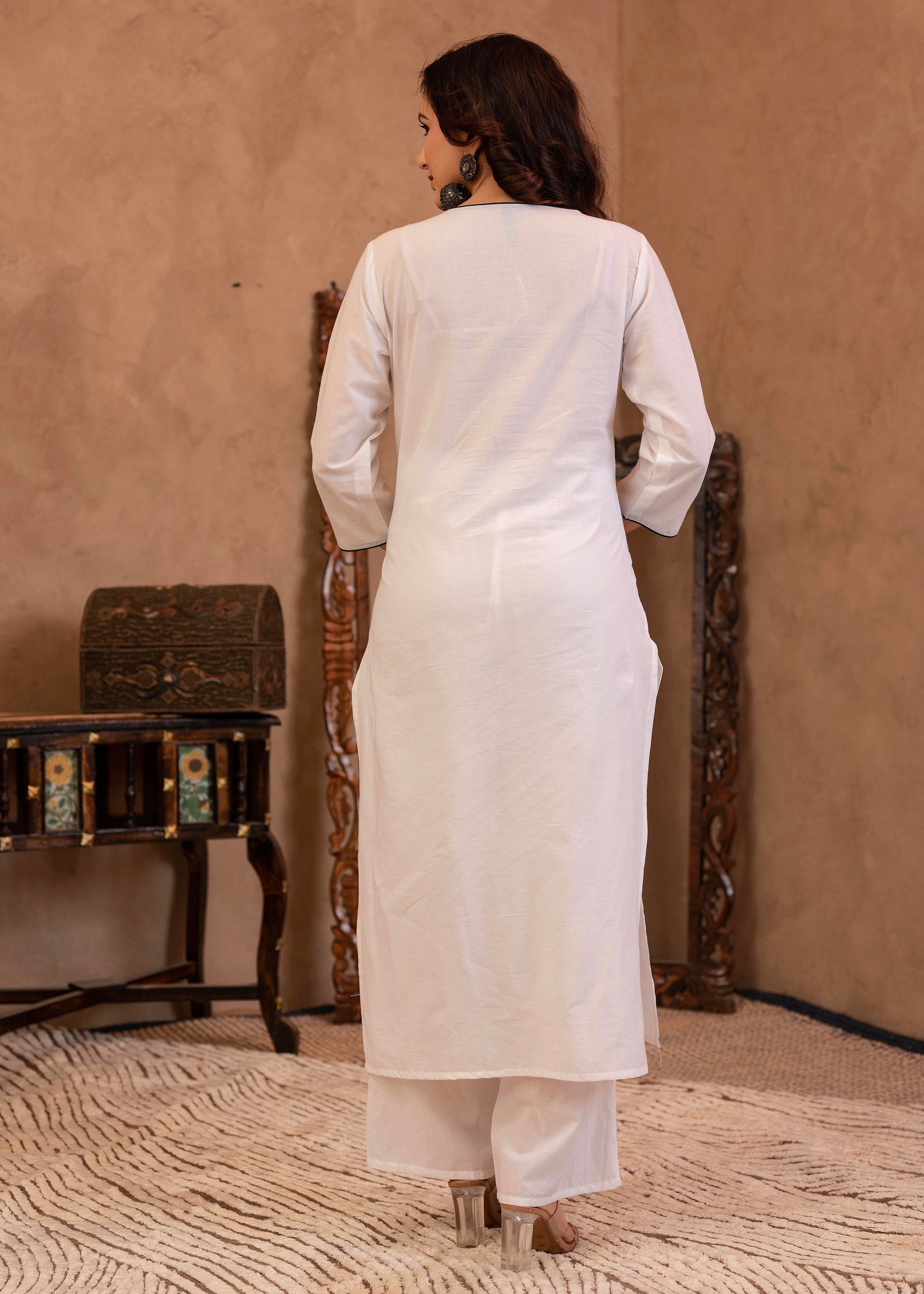 White Floral Embroidered Cotton Kurta with Palazzo