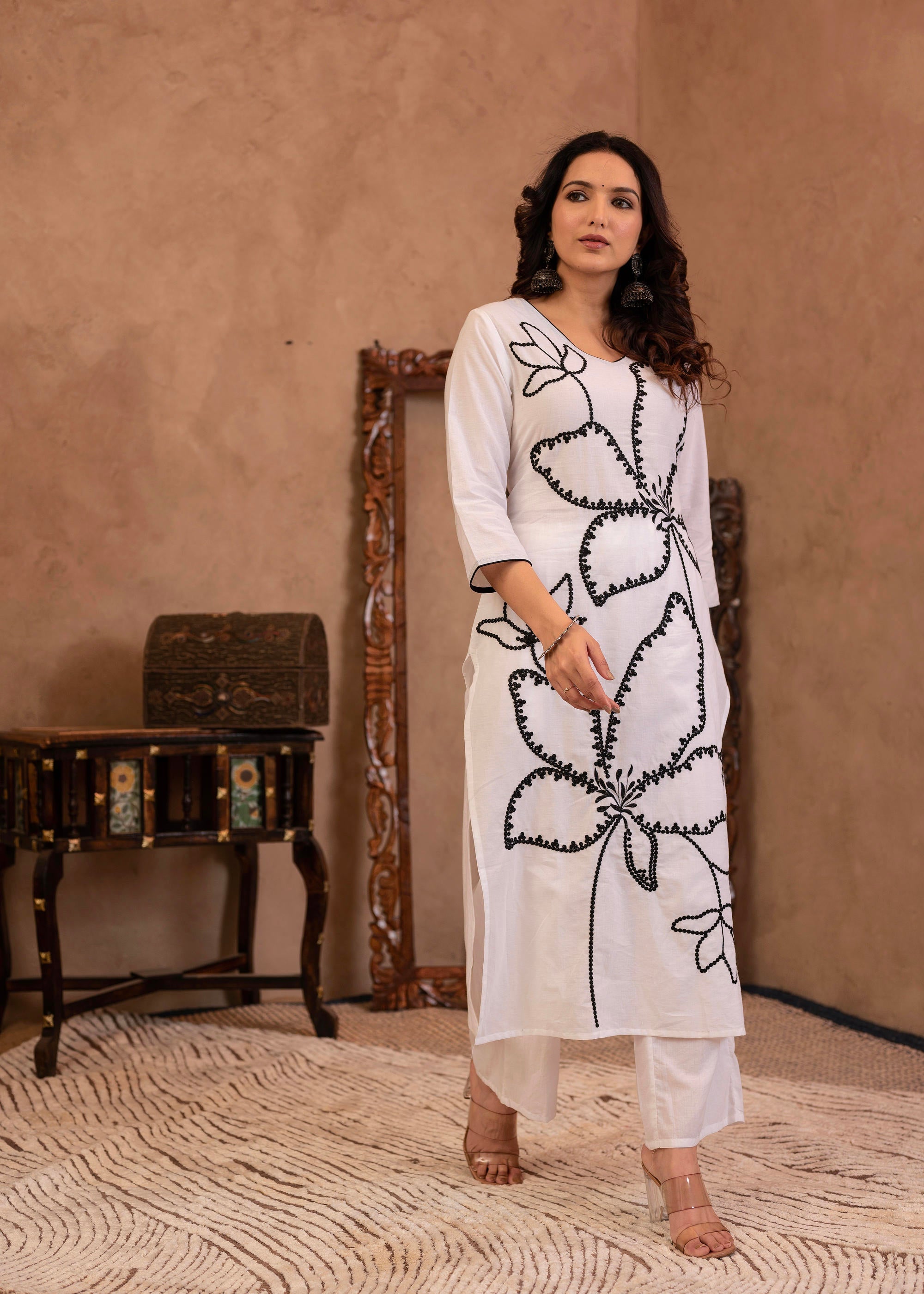 White Floral Embroidered Cotton Kurta with Palazzo