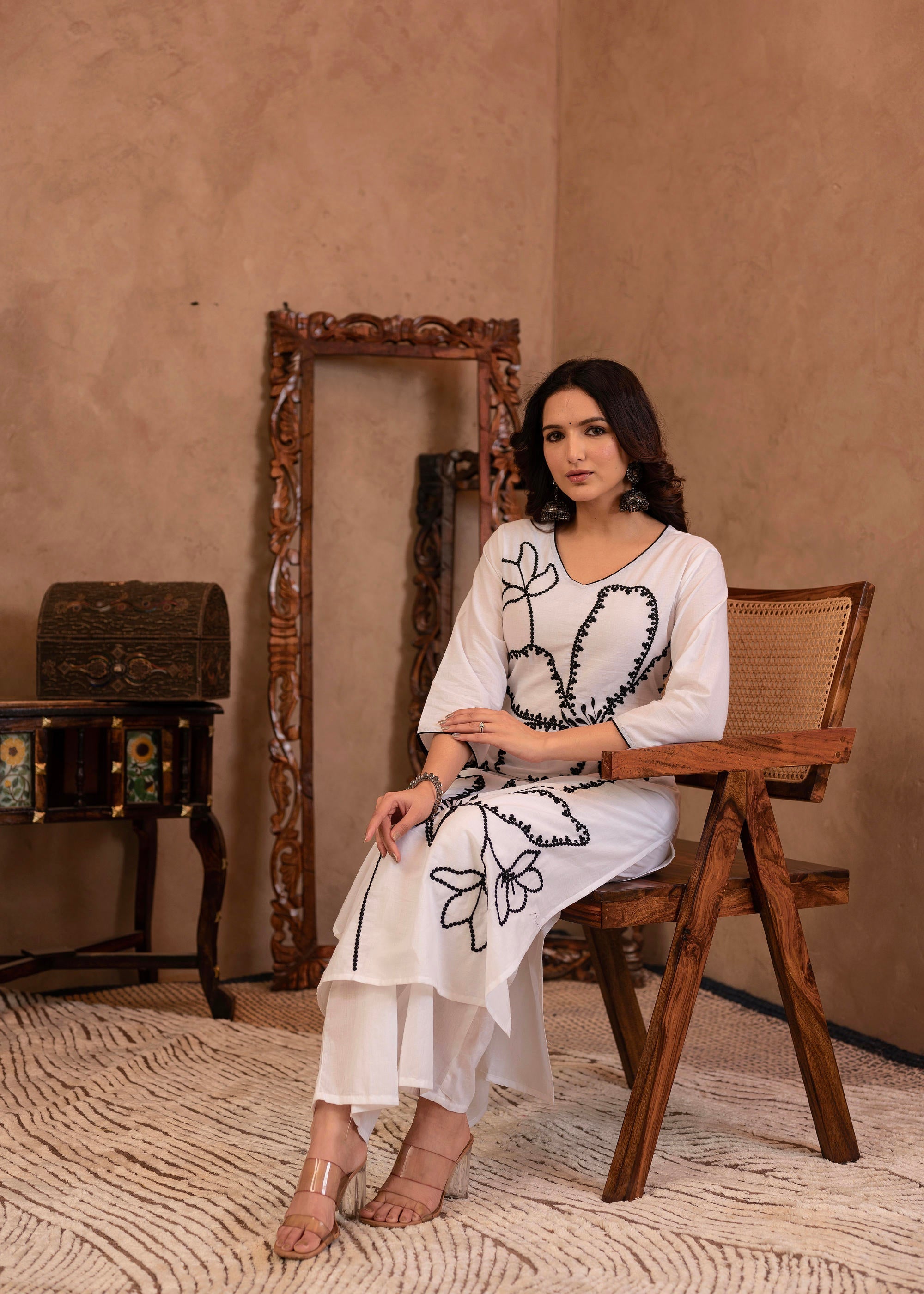 White Floral Embroidered Cotton Kurta with Palazzo