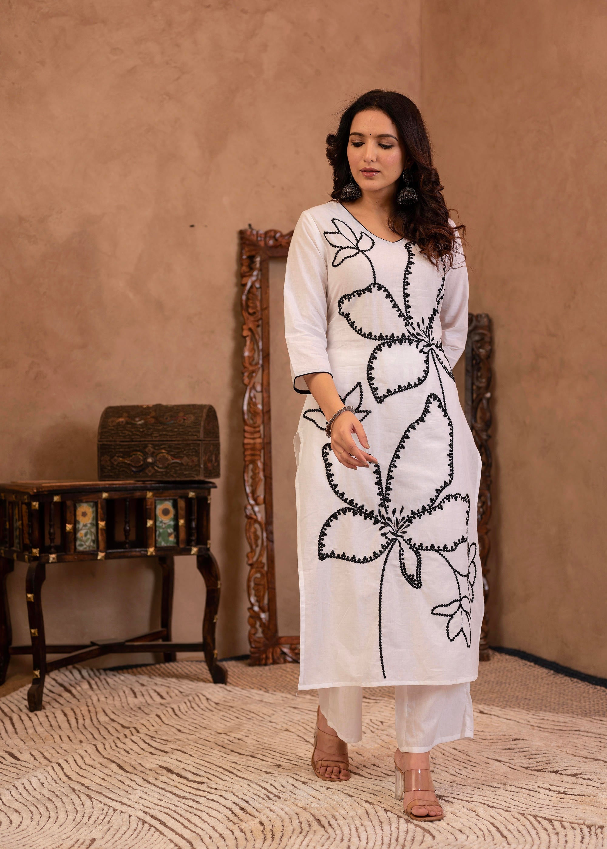 White Floral Embroidered Cotton Kurta with Palazzo