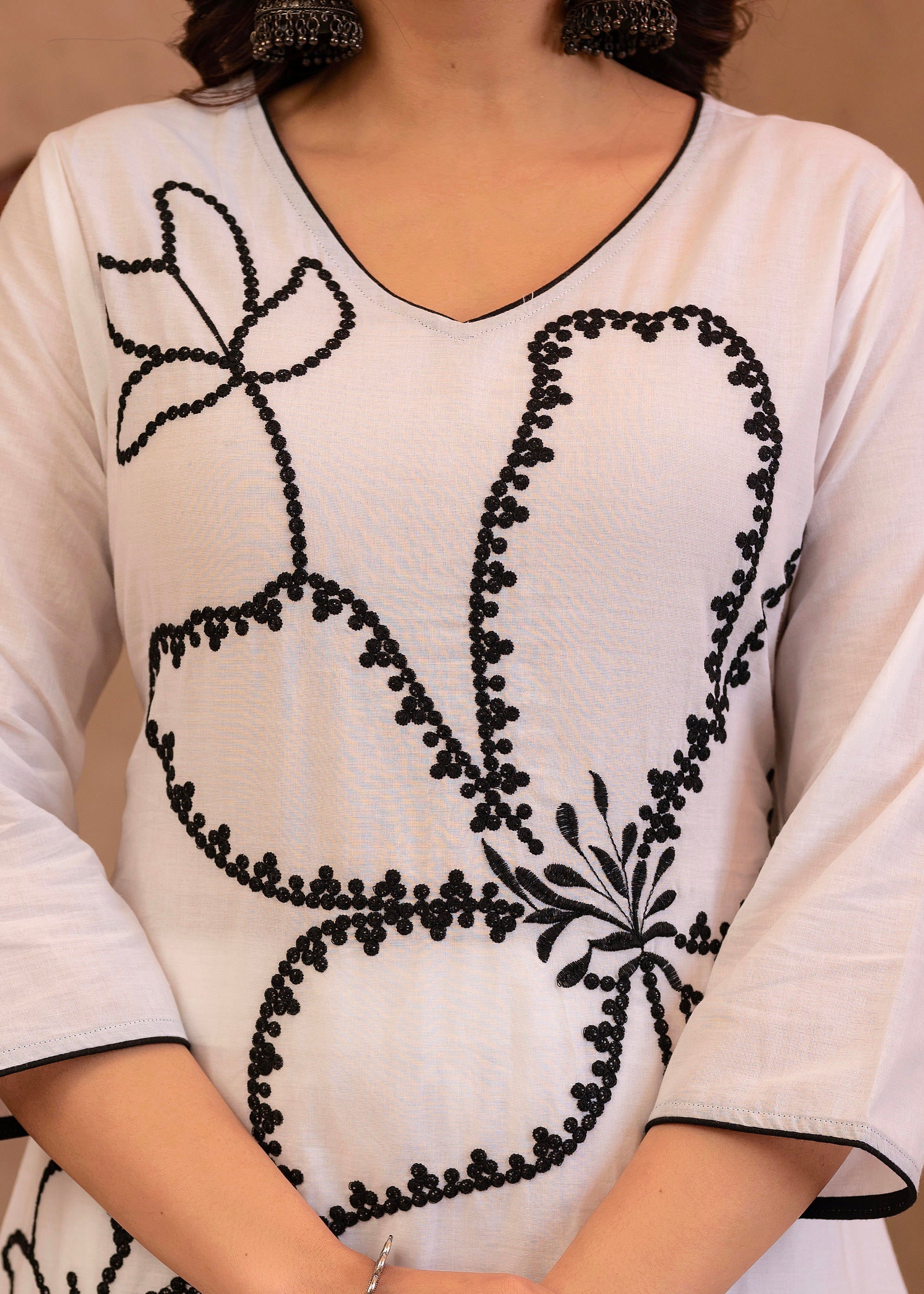 White Floral Embroidered Cotton Kurta with Palazzo