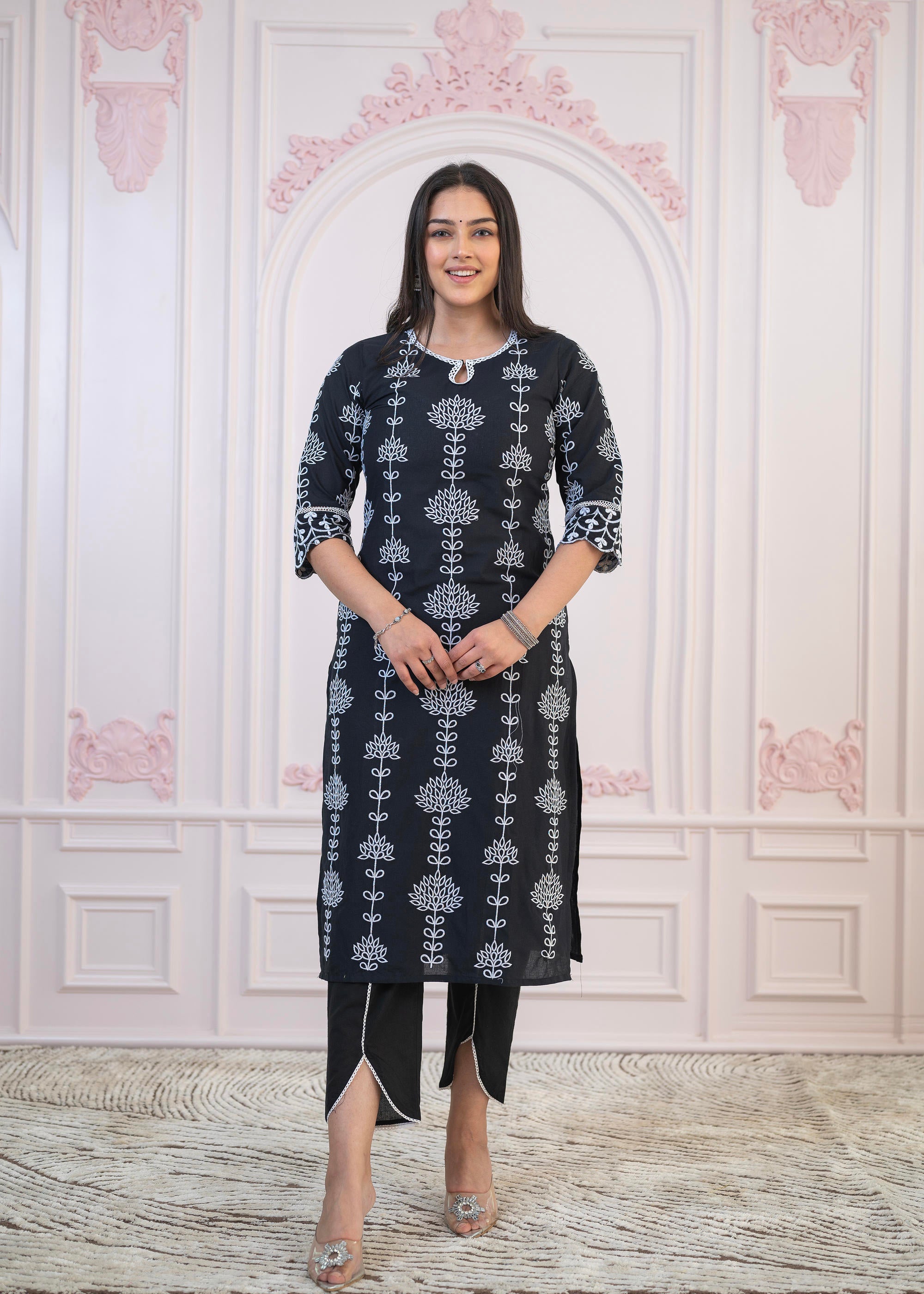 Black Cotton Slub Embroidered Kurta-Pant Set with Thread Work & Cotton Lace