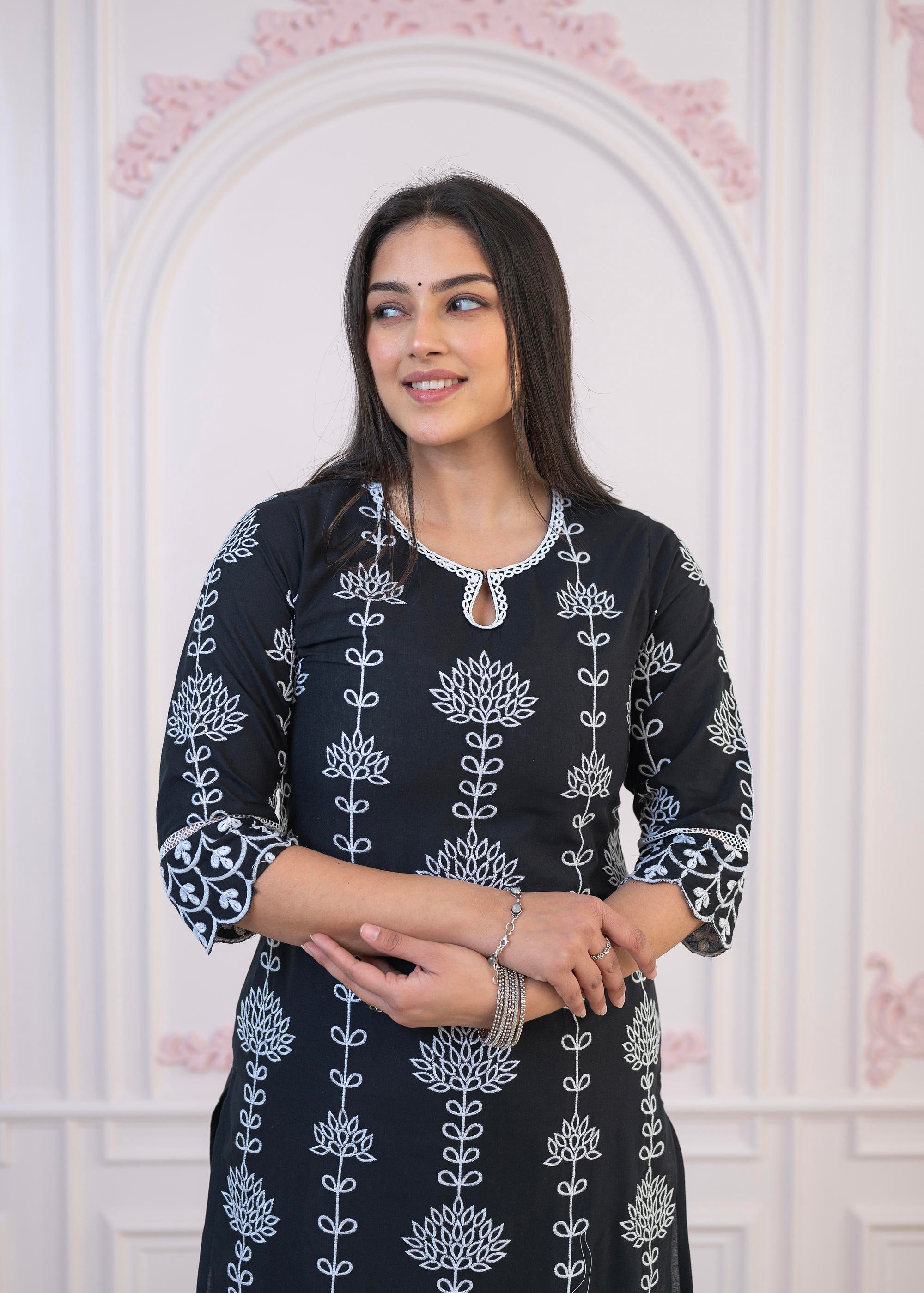 Black Cotton Slub Embroidered Kurta-Pant Set with Thread Work & Cotton Lace